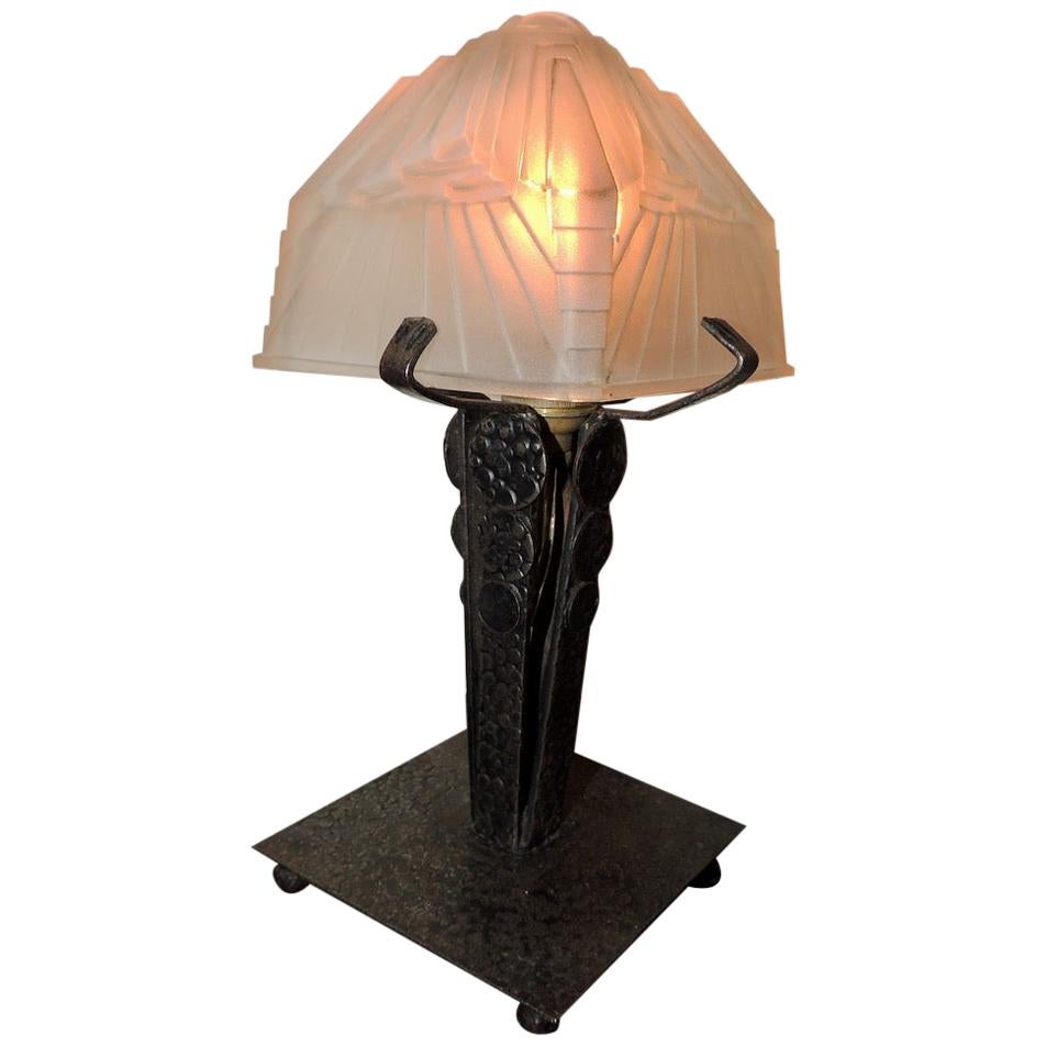 Art Deco Table Lamp Iron Schneider Glass Shade