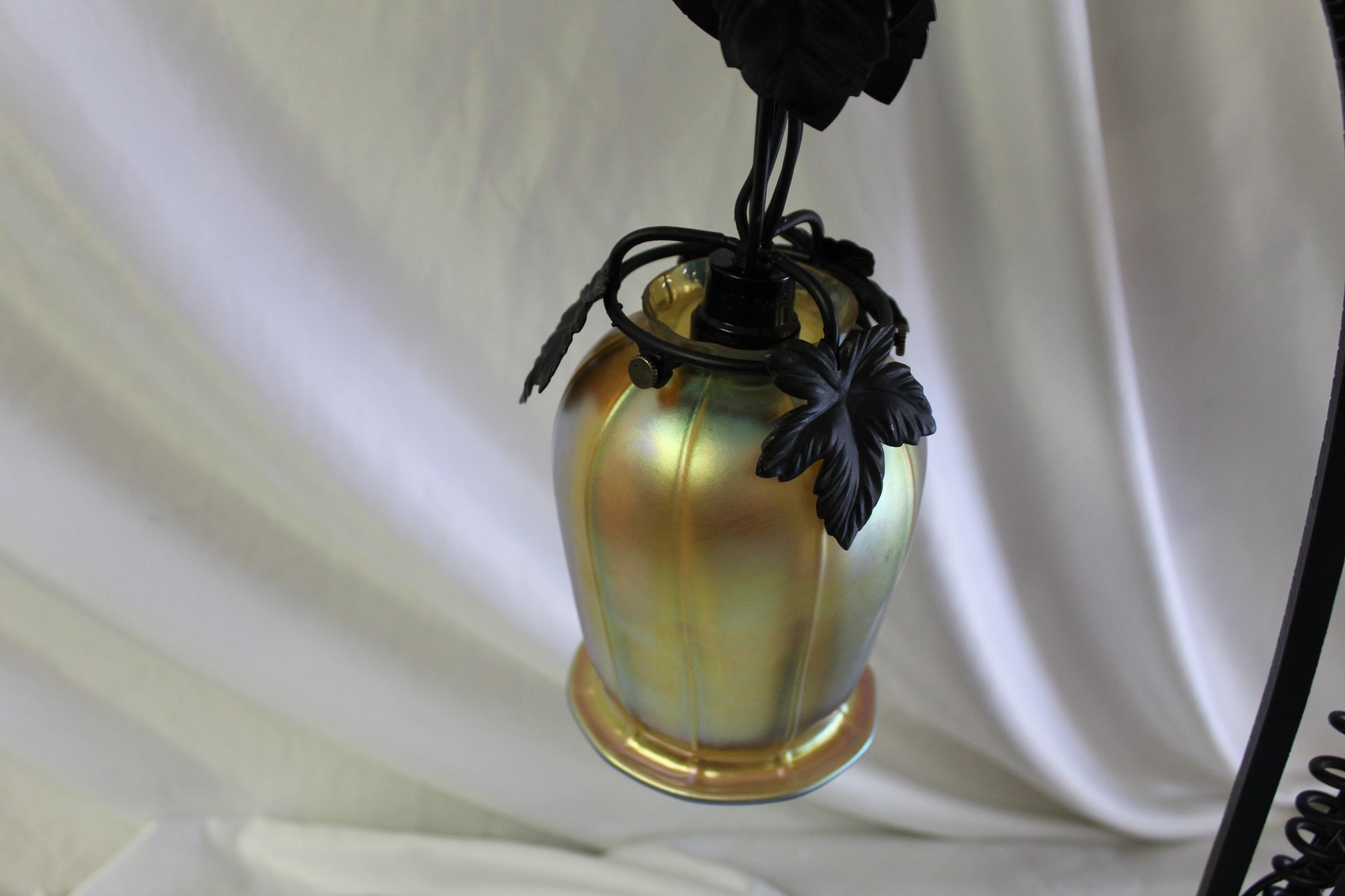 Forged Art Deco Table Lamp, Iron with 3 Hanging Glass Shades Gold Favrile For Sale