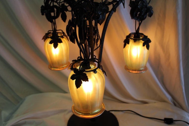 Art Deco Table Lamp, Iron with 3 Hanging Glass Shades For Sale 1