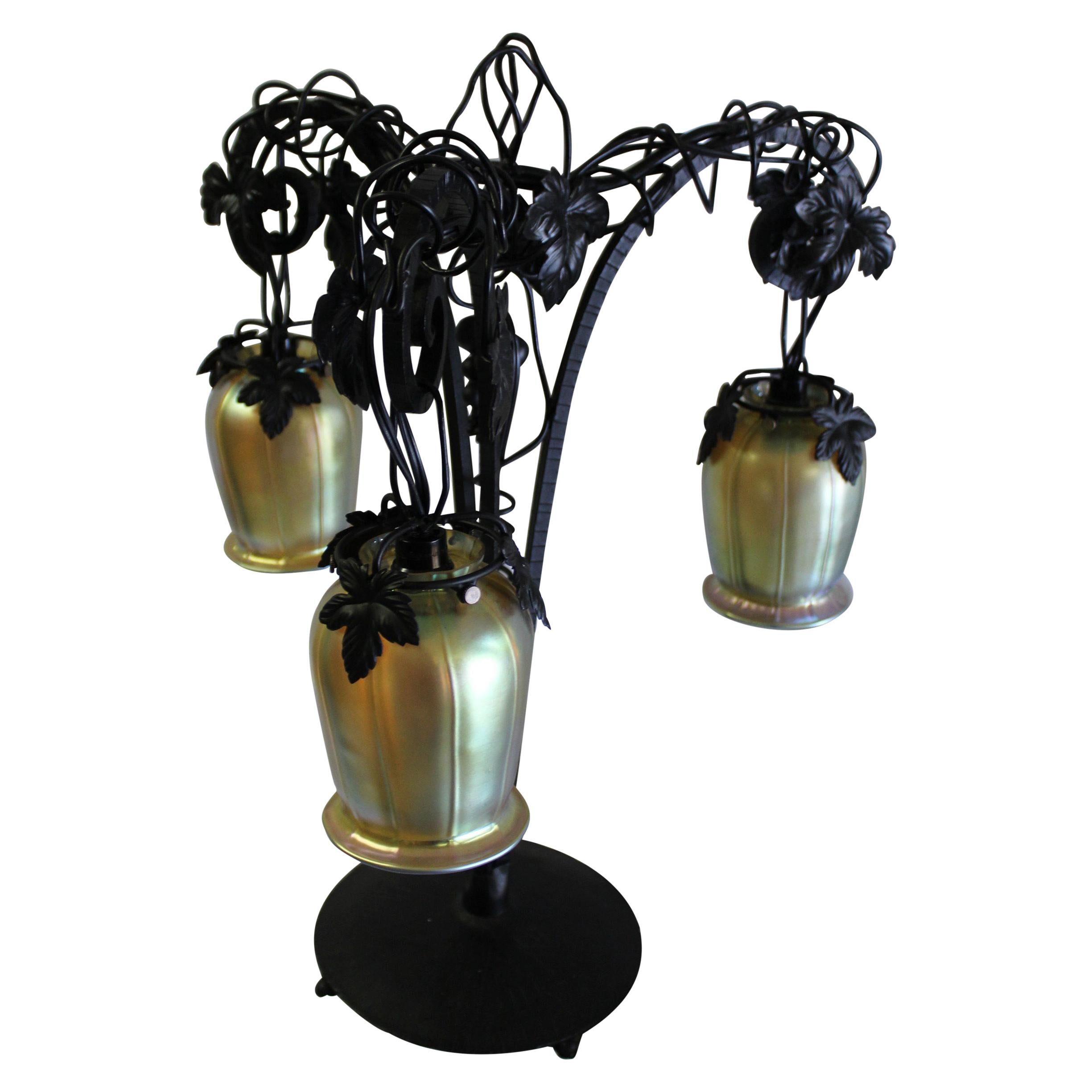 Art Deco Table Lamp, Iron with 3 Hanging Glass Shades Gold Favrile