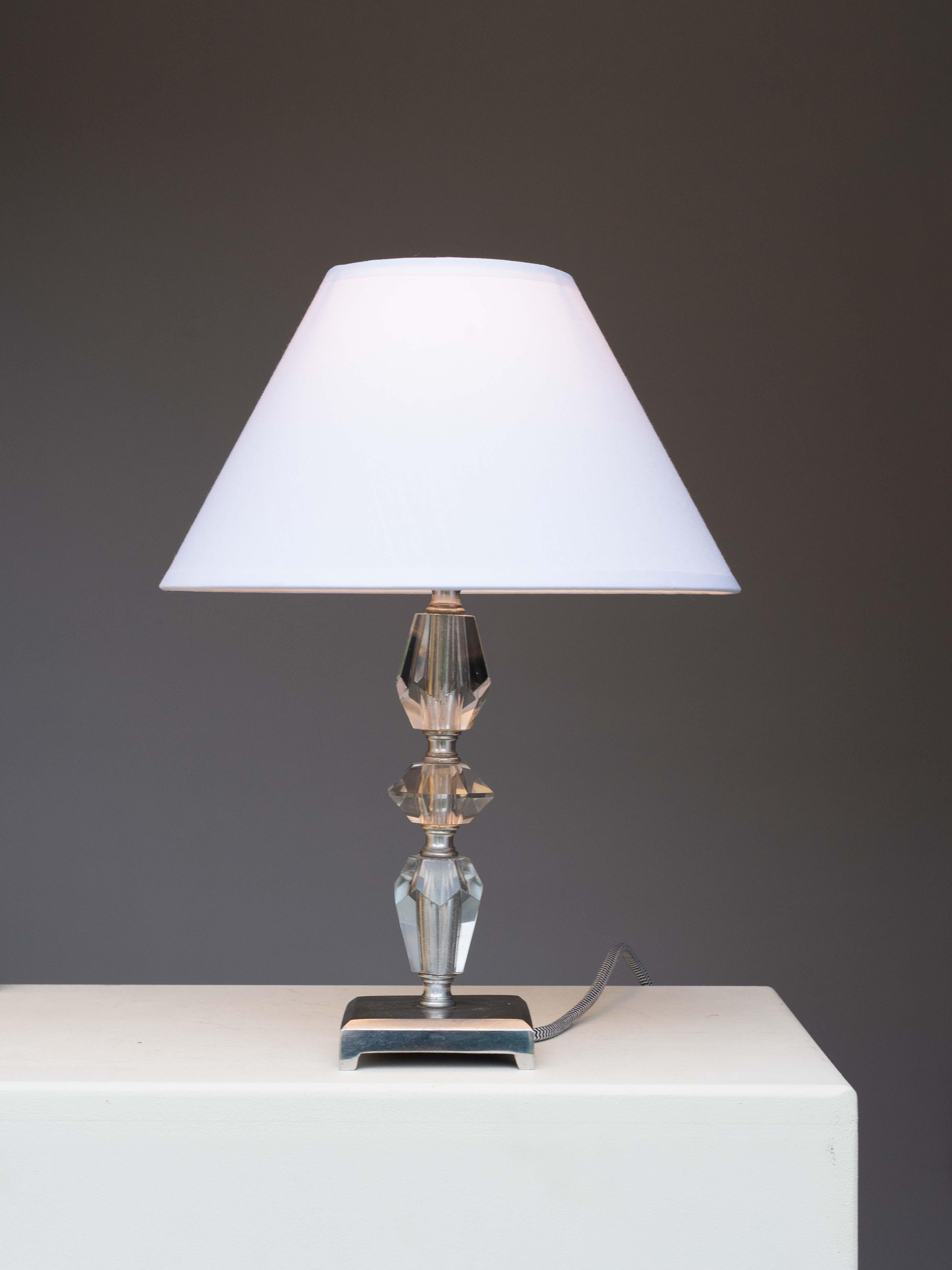 French Art Deco Table lamp - Modernist Lamp - Crystal & Stainless Steel, France 1940s For Sale