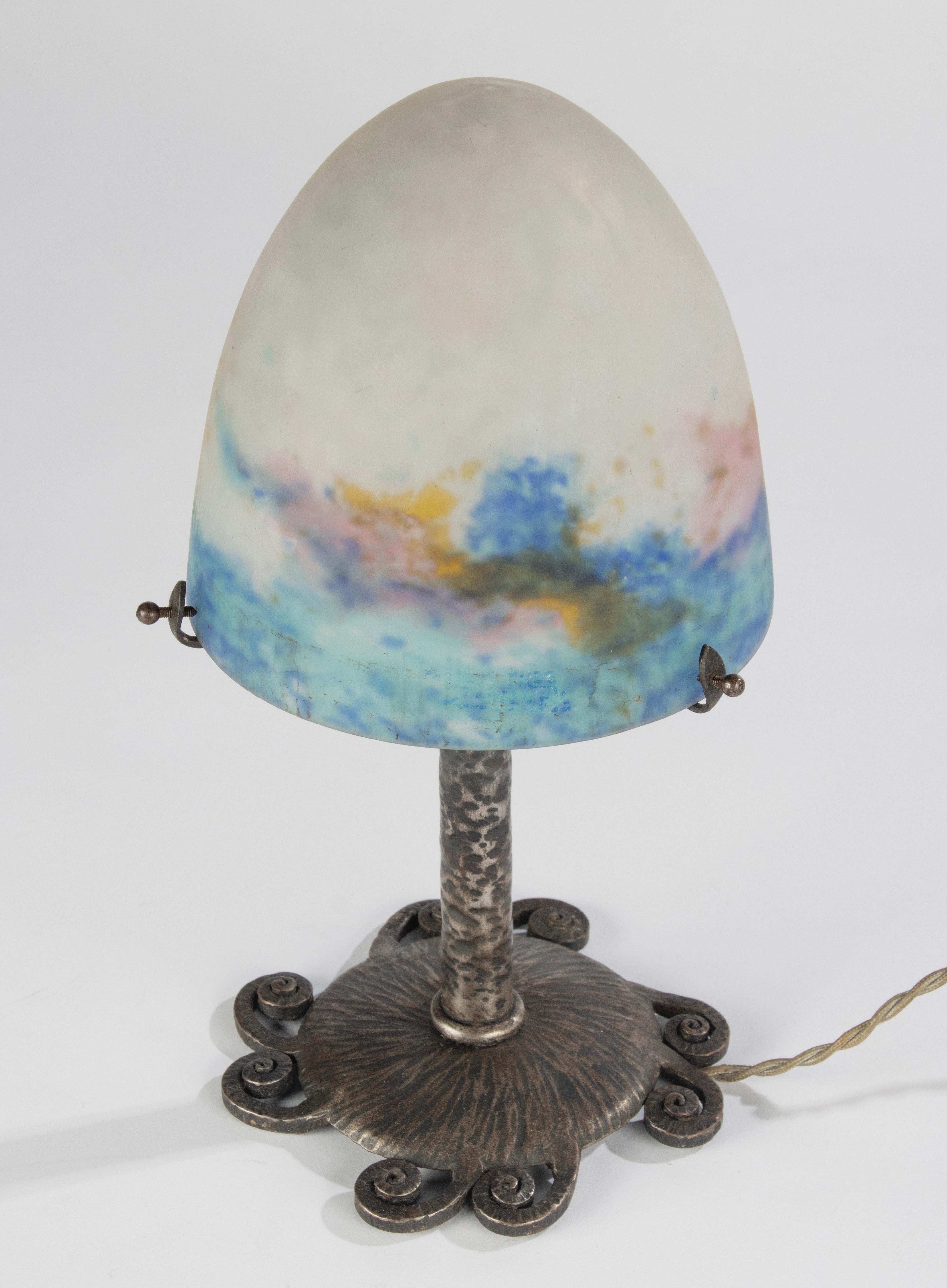Art Deco Table Lamp - Muller Frères - Wrought Iron and Paste Glass 5