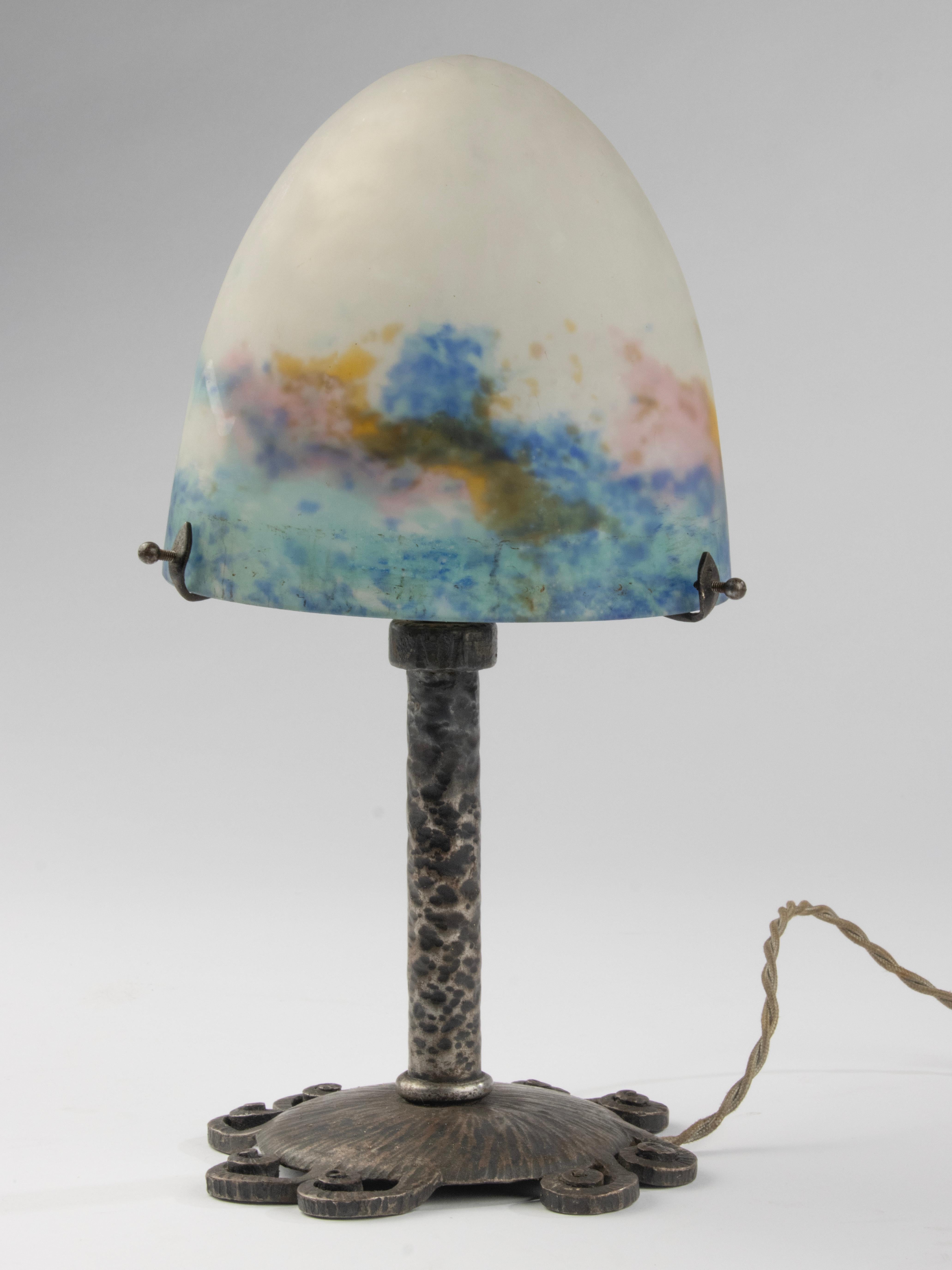 Art Deco Table Lamp - Muller Frères - Wrought Iron and Paste Glass 7