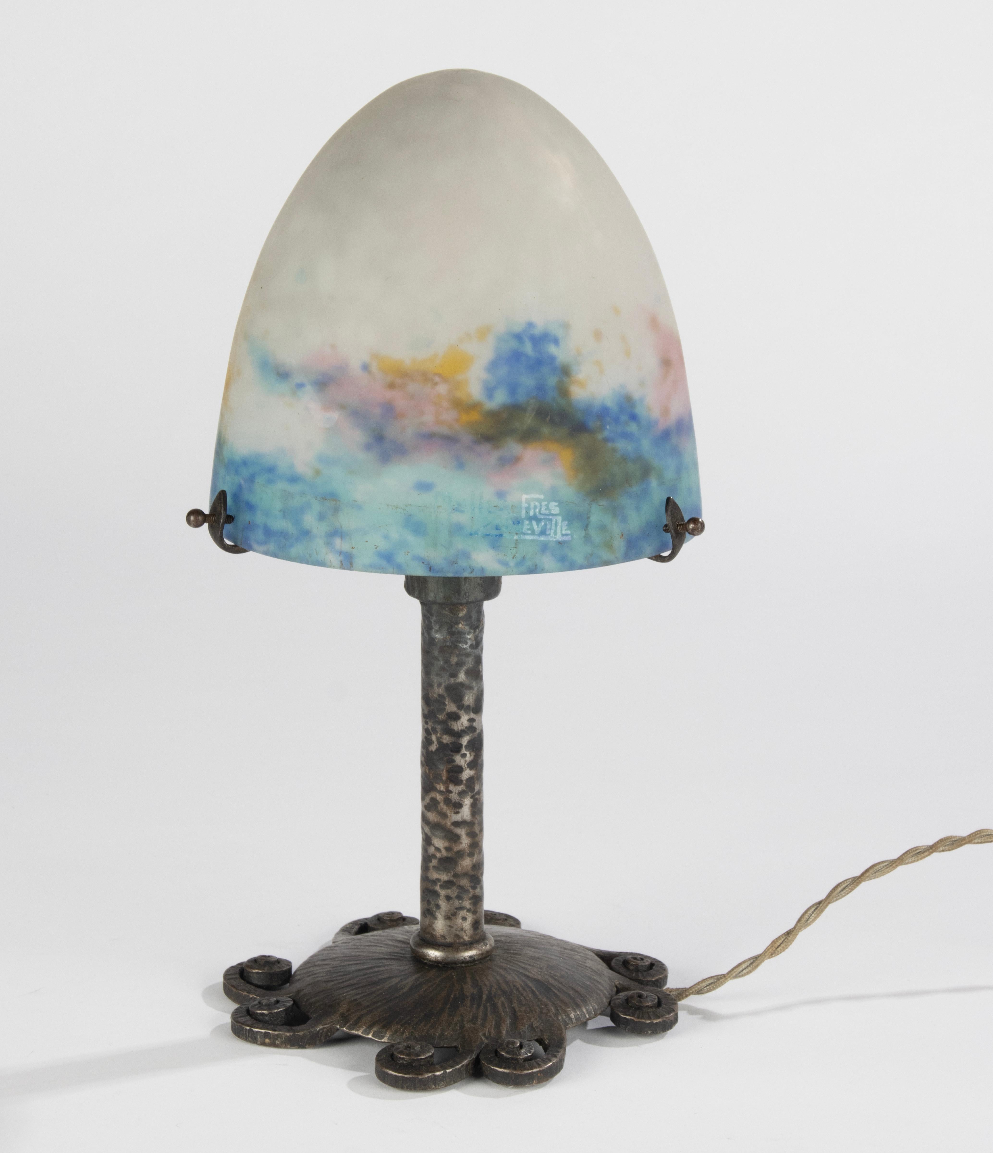 Art Deco Table Lamp - Muller Frères - Wrought Iron and Paste Glass 1