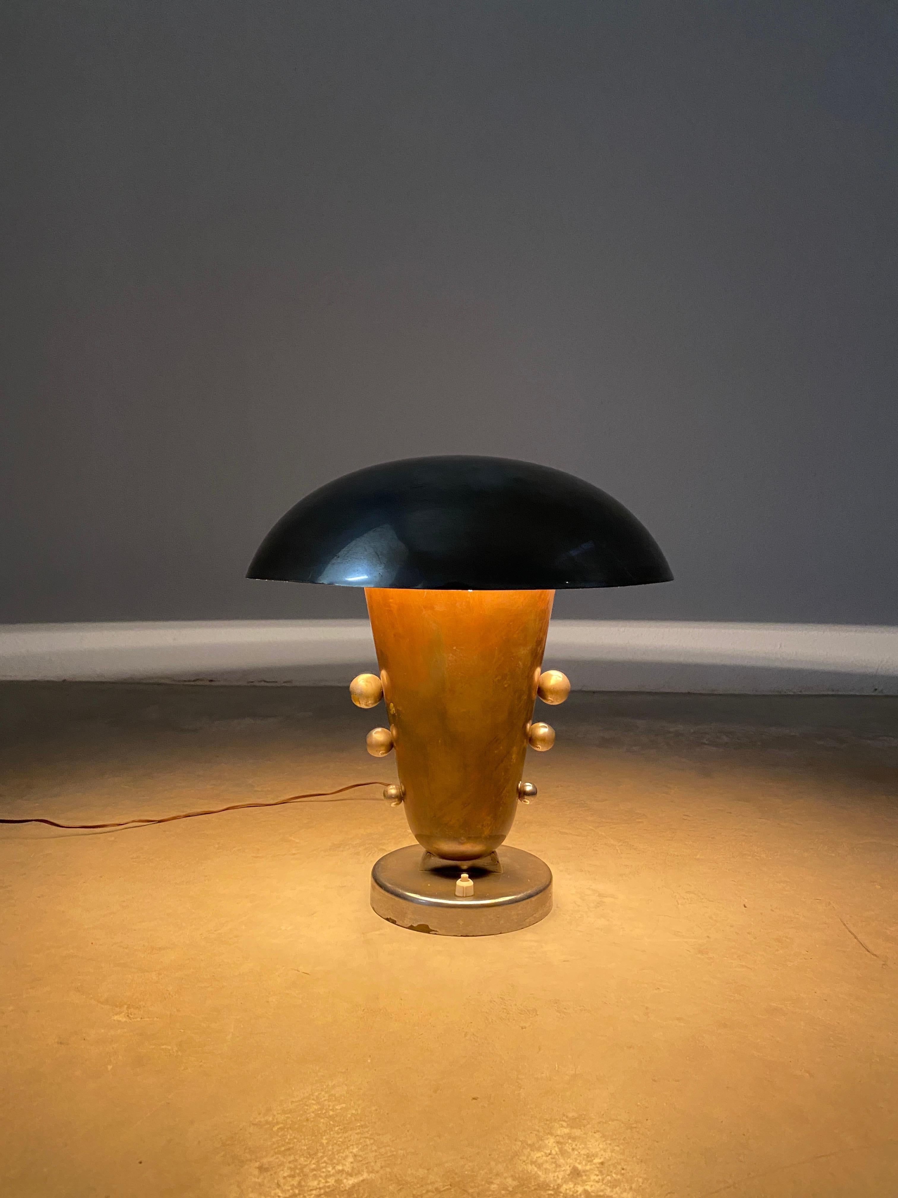 Art Deco Table Lamp Mushroom Hat Large Brass Nickel, 1930, Italy 5