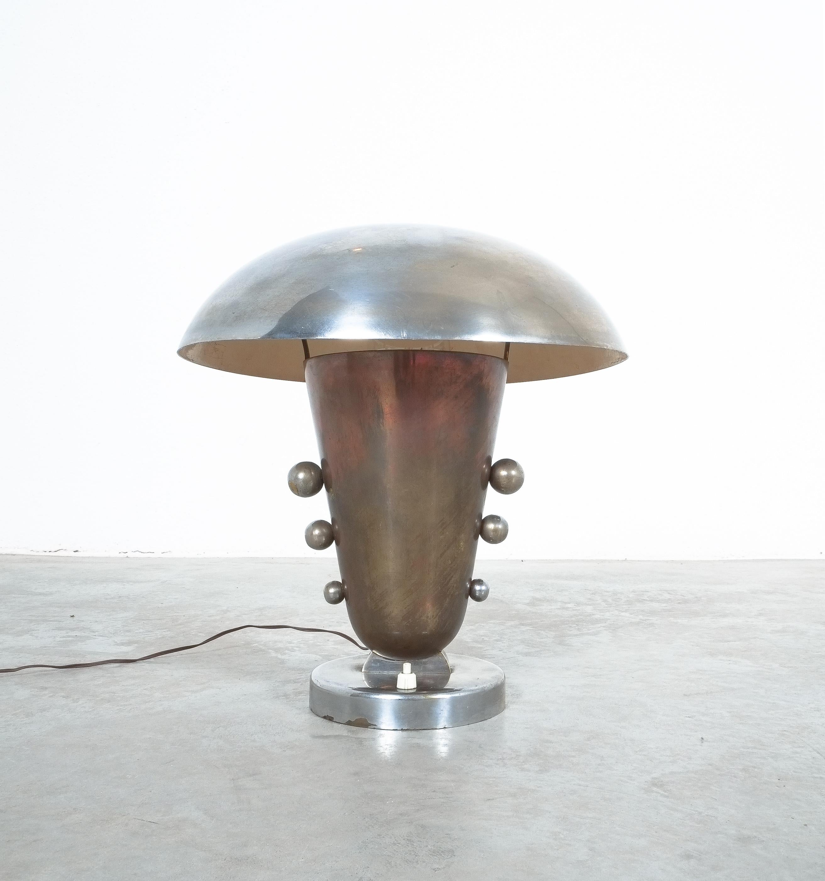 Italian Art Deco Table Lamp Mushroom Hat Large Brass Nickel, 1930, Italy