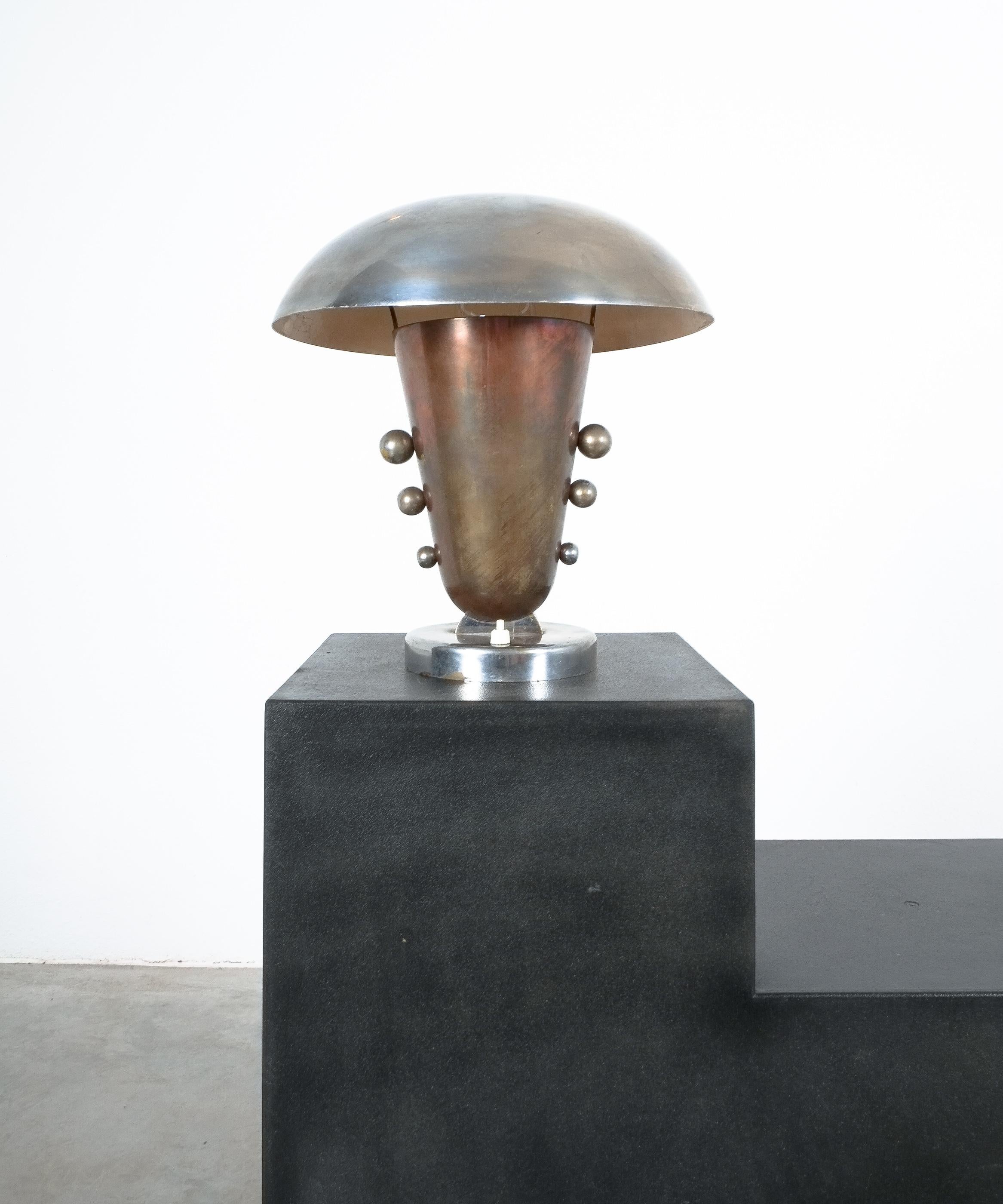 Marble Art Deco Table Lamp Mushroom Hat Large Brass Nickel, 1930, Italy