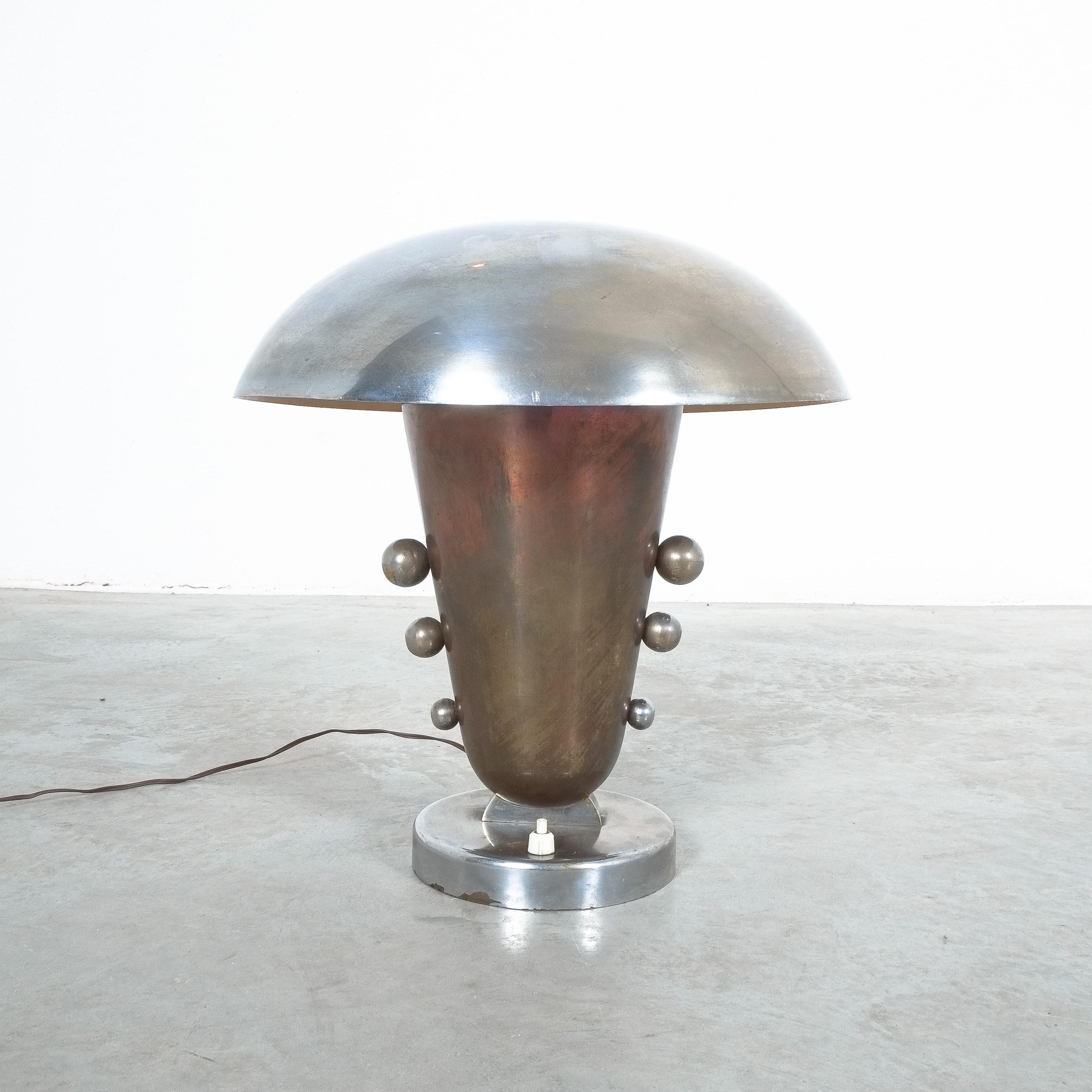 Art Deco Table Lamp Mushroom Hat Large Brass Nickel, 1930, Italy 1