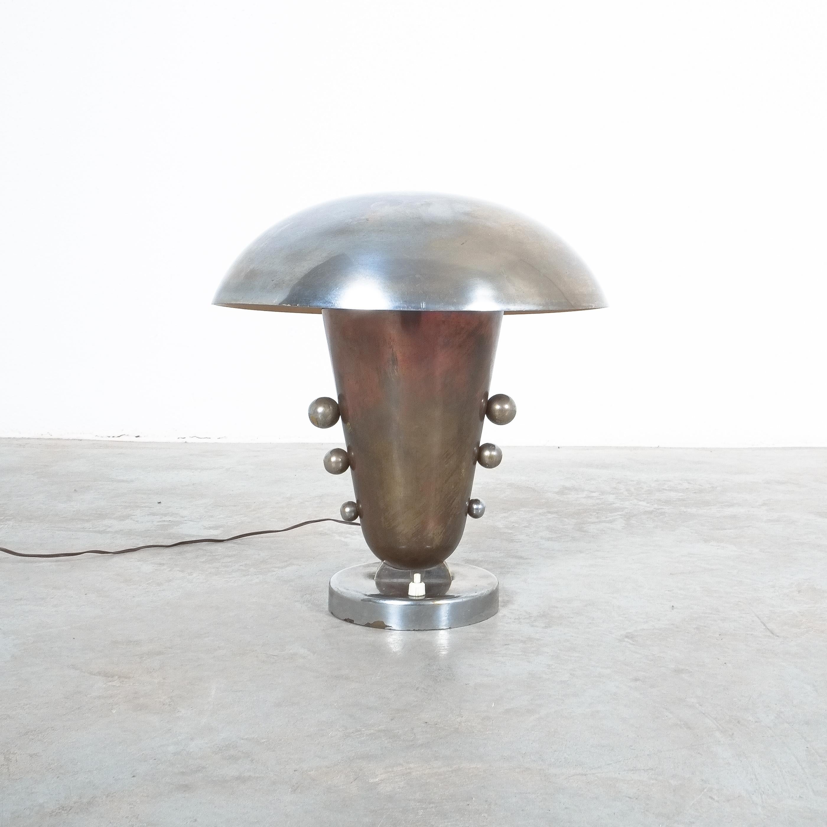 Art Deco Table Lamp Mushroom Hat Large Brass Nickel, 1930, Italy 3