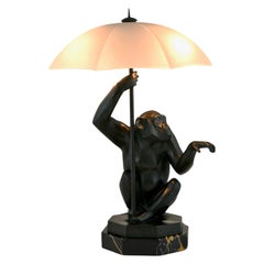 Art Deco Table Lamp PLUIE Monkey with Umbrella by Max Le Verrier, France, 1930