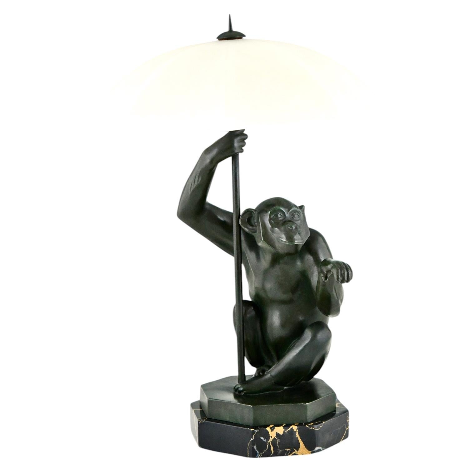 French Art Deco Table Lamp PLUIE Monkey with Umbrella by Max Le Verrier, France, 1930 For Sale