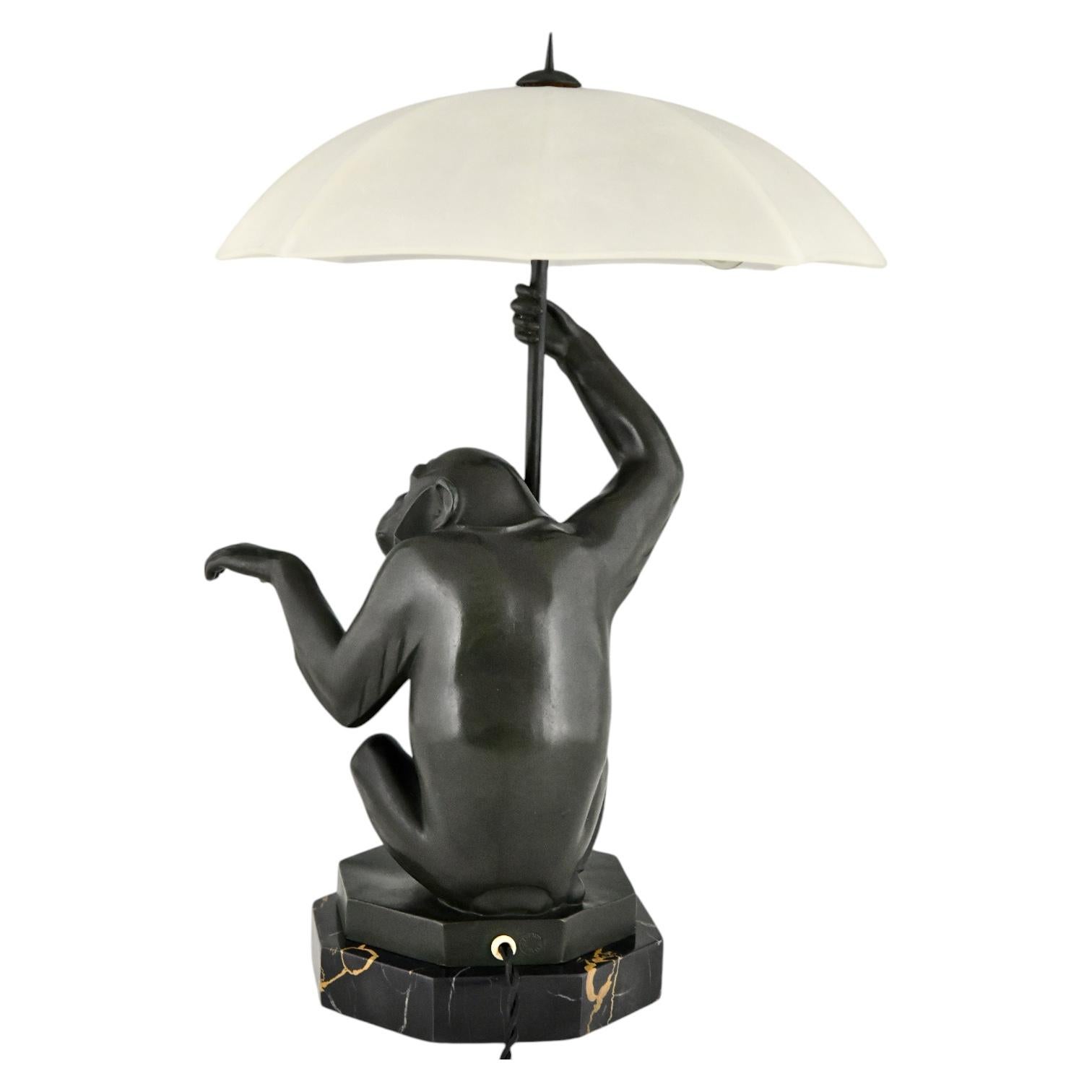 Mid-20th Century Art Deco Table Lamp PLUIE Monkey with Umbrella by Max Le Verrier, France, 1930 For Sale