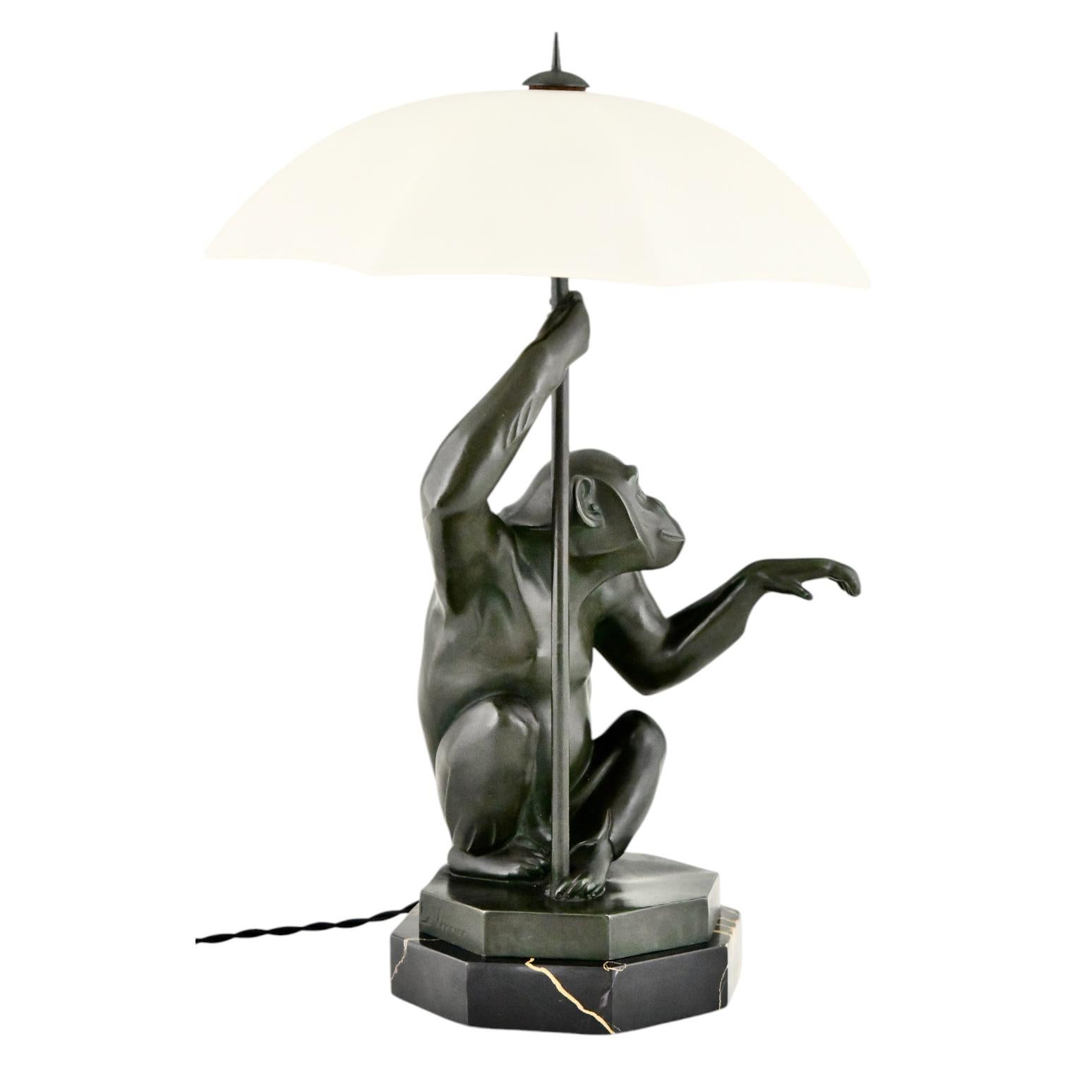 Metal Art Deco Table Lamp PLUIE Monkey with Umbrella by Max Le Verrier, France, 1930 For Sale