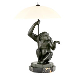 Lampe de table Art Déco PLUIE Singe avec Umbrella par Max Le Verrier, France, 1930