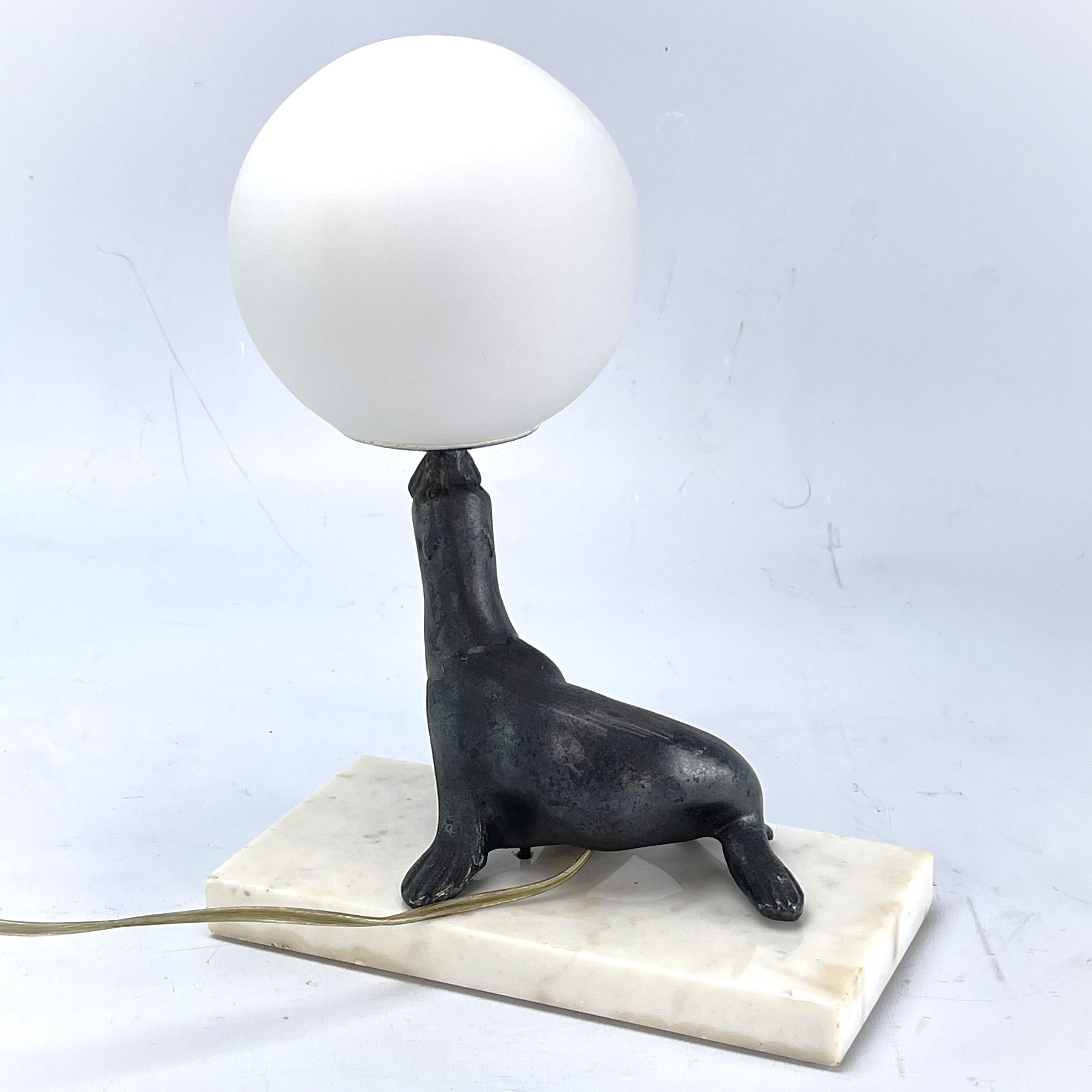 Art Deco ART DECO table lamp seal sea lion sculpture lamp marble, 1930s For Sale