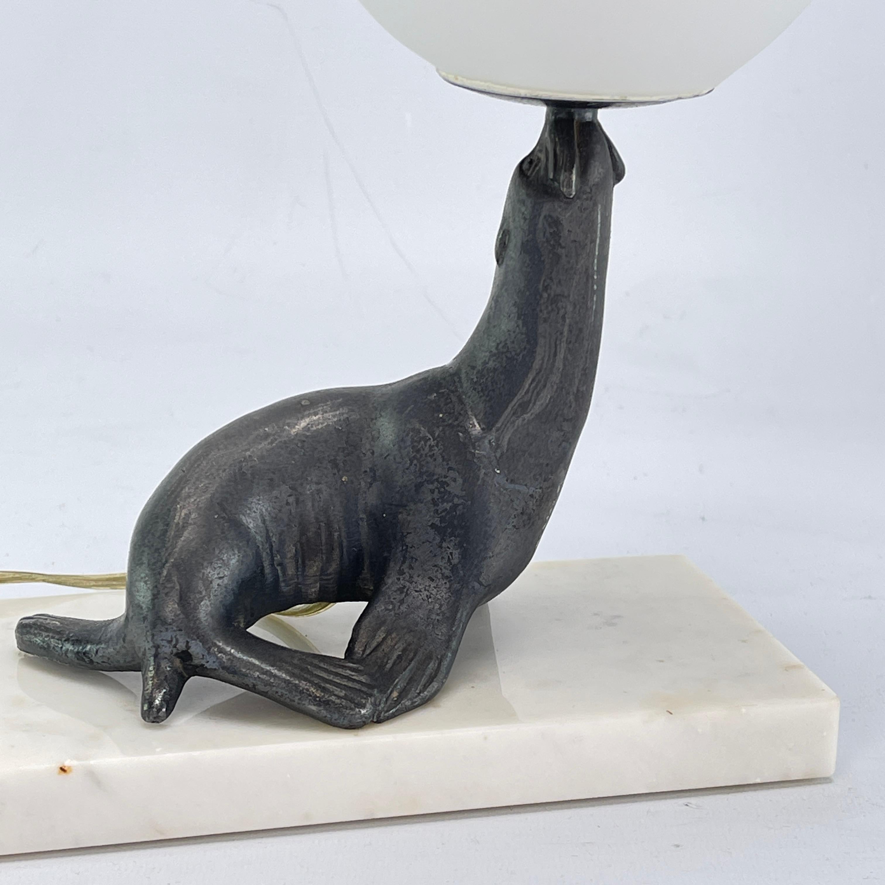 European ART DECO table lamp seal sea lion sculpture lamp marble, 1930s For Sale