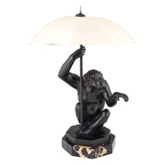Art Deco Table Lamp Seated Monkey with Umbrella by Max Le Verrier, France, 1930