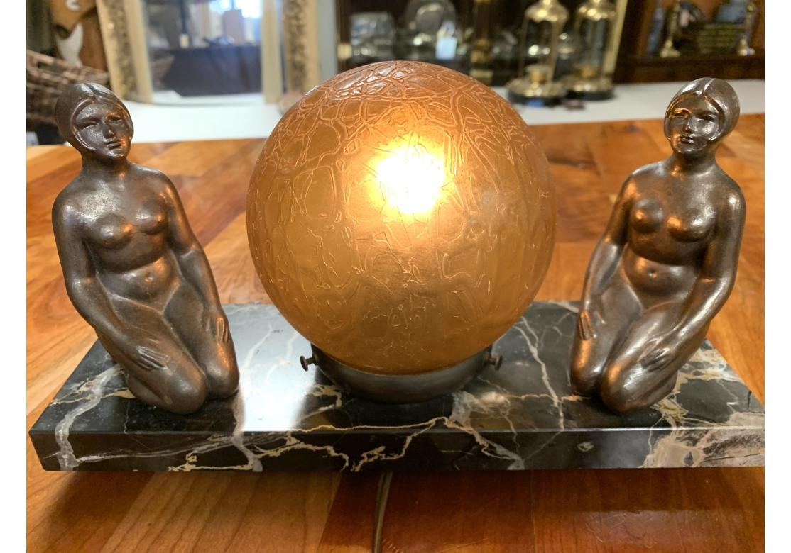 Art Deco Table Lamp Spelter & Amber Globe Light With Marble Base For Sale 6