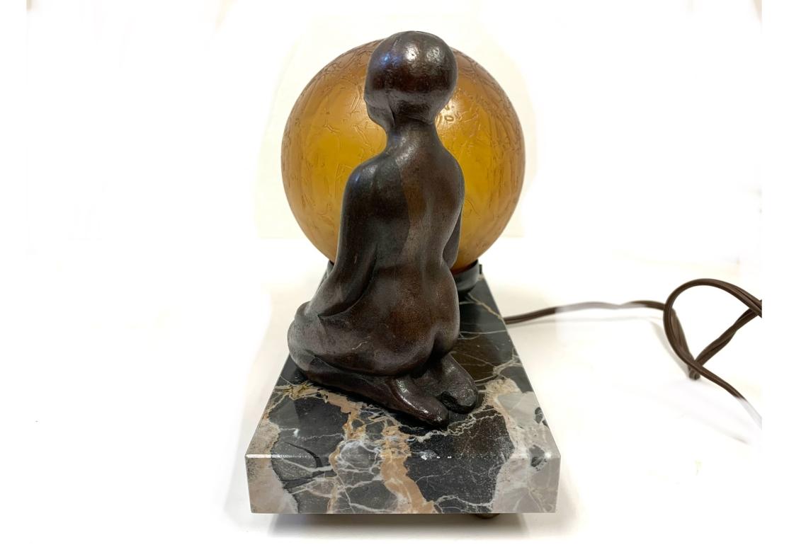 Art Deco Table Lamp Spelter & Amber Globe Light With Marble Base For Sale 7