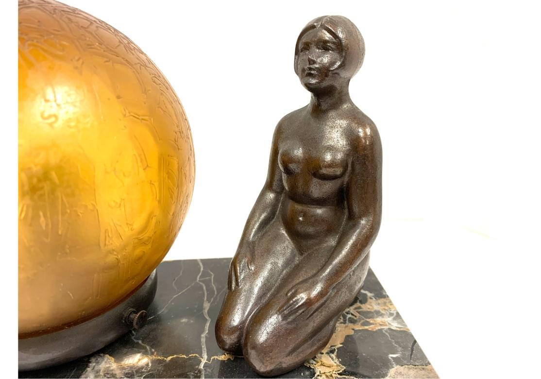 American Art Deco Table Lamp Spelter & Amber Globe Light With Marble Base For Sale