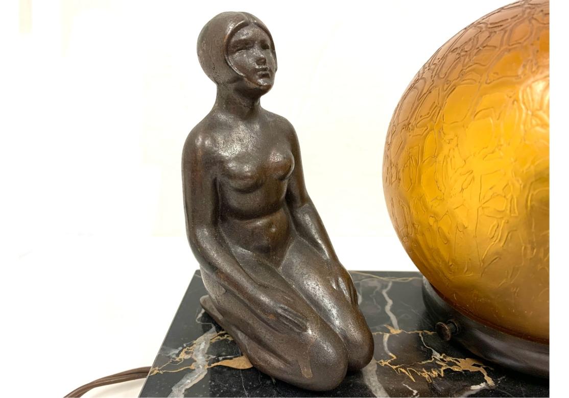Art Deco Table Lamp Spelter & Amber Globe Light With Marble Base In Fair Condition For Sale In Bridgeport, CT