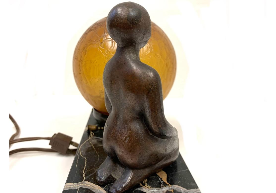 20th Century Art Deco Table Lamp Spelter & Amber Globe Light With Marble Base For Sale