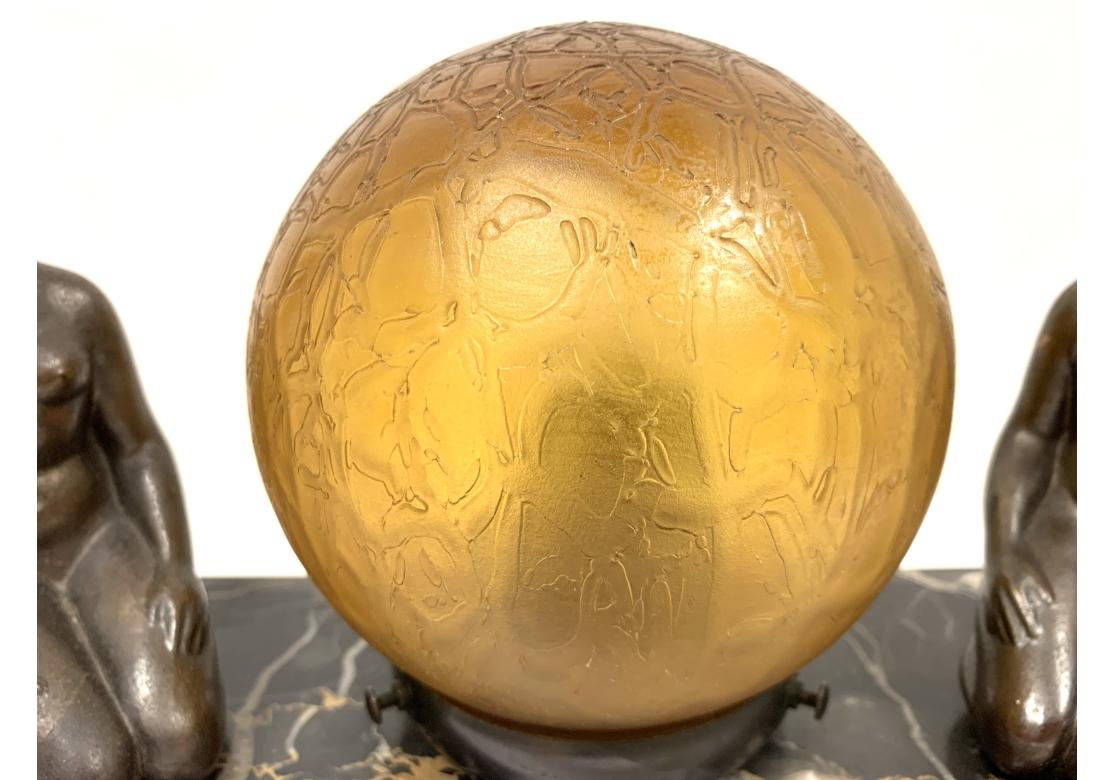 Art Glass Art Deco Table Lamp Spelter & Amber Globe Light With Marble Base For Sale