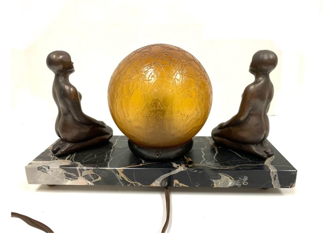 Art Deco Table Lamp Spelter & Amber Globe Light With Marble Base For Sale 1