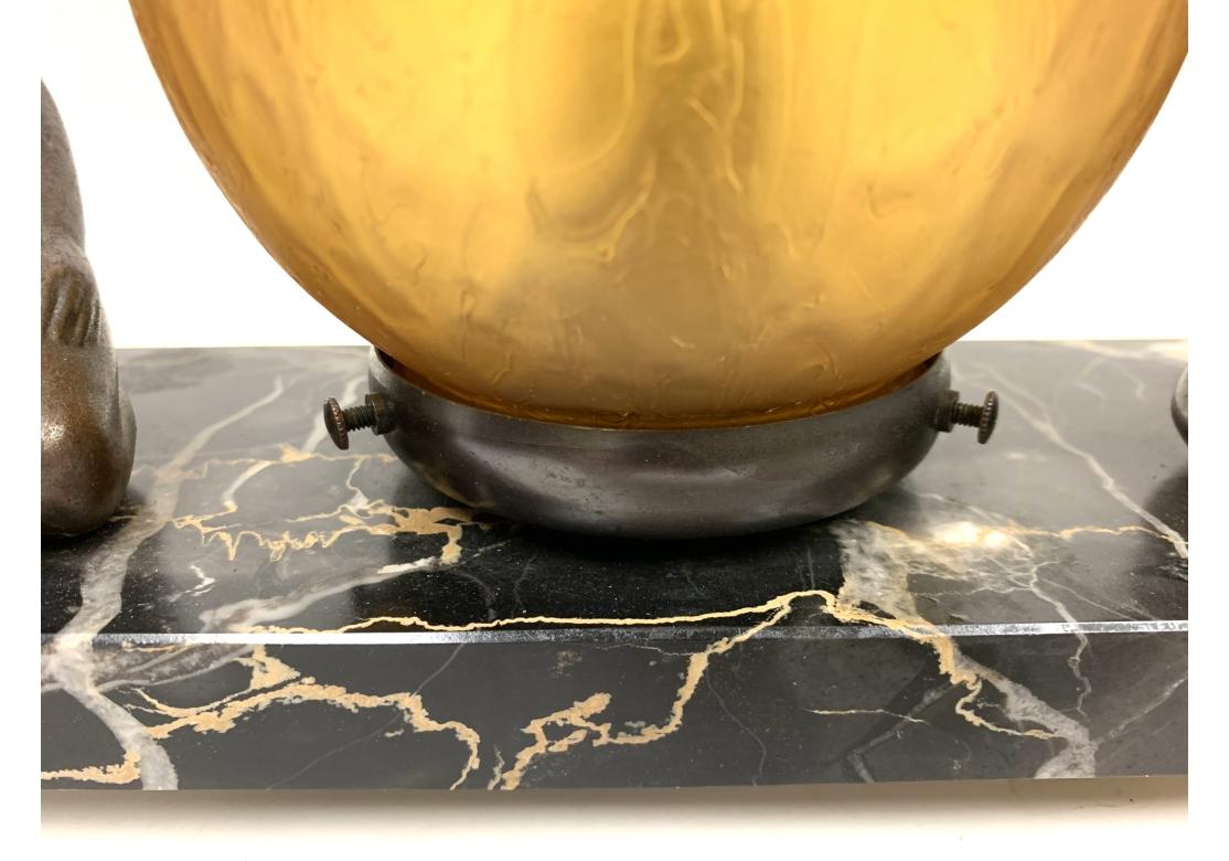 Art Deco Table Lamp Spelter & Amber Globe Light With Marble Base For Sale 2