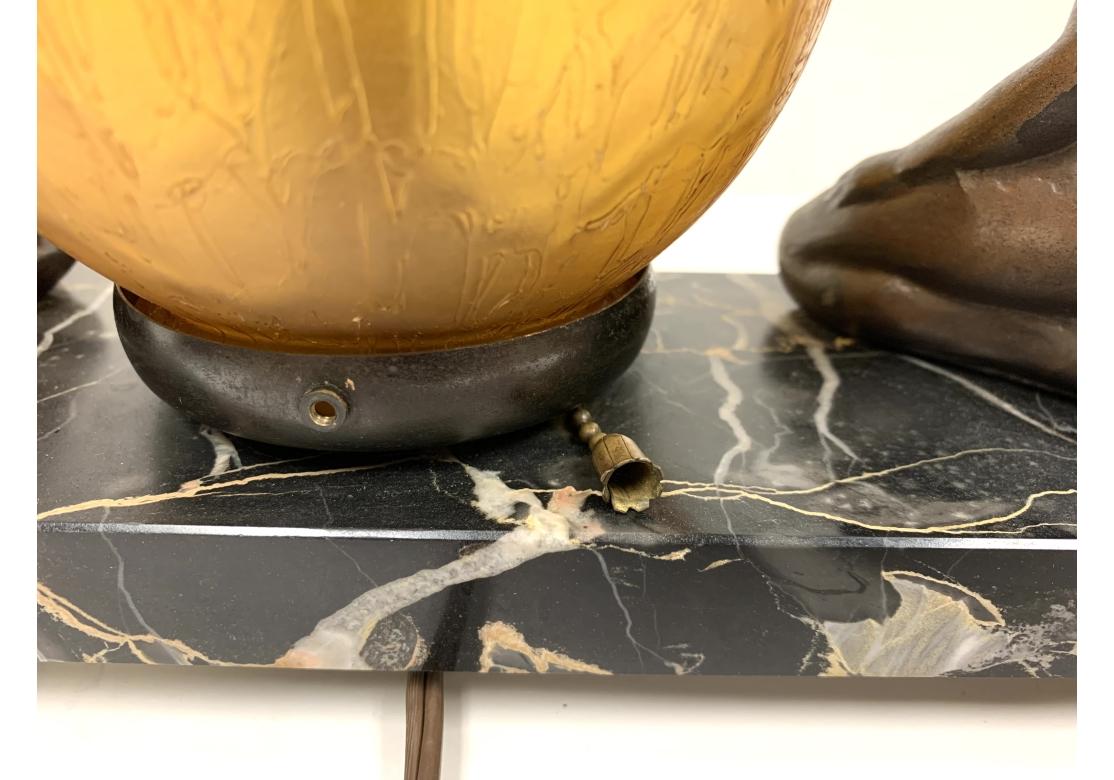 Art Deco Table Lamp Spelter & Amber Globe Light With Marble Base For Sale 3