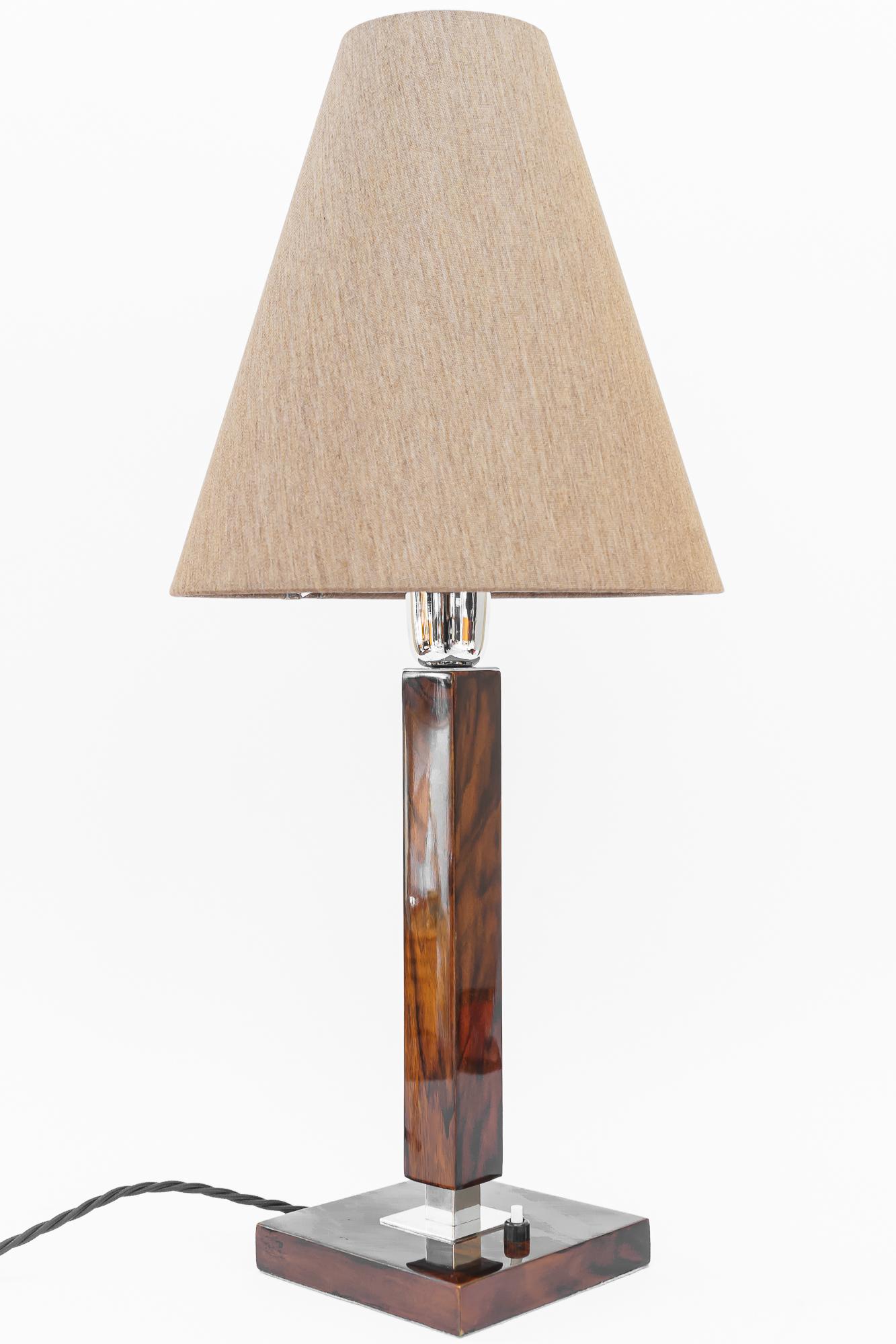 Polished Art Deco Table Lamp Vienna Around 1920 Nut Wood and Fabric Shade For Sale