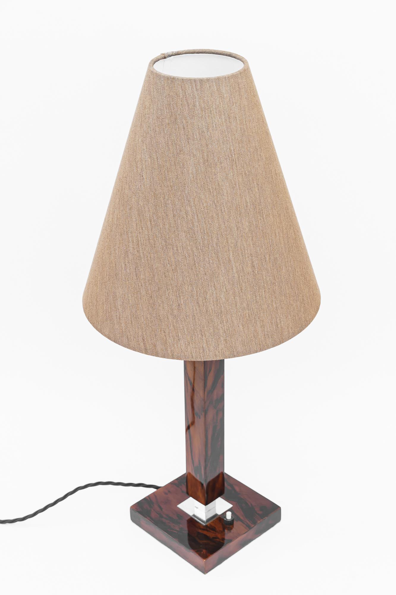 Art Deco Table Lamp Vienna Around 1920 Nut Wood and Fabric Shade In Good Condition For Sale In Wien, AT