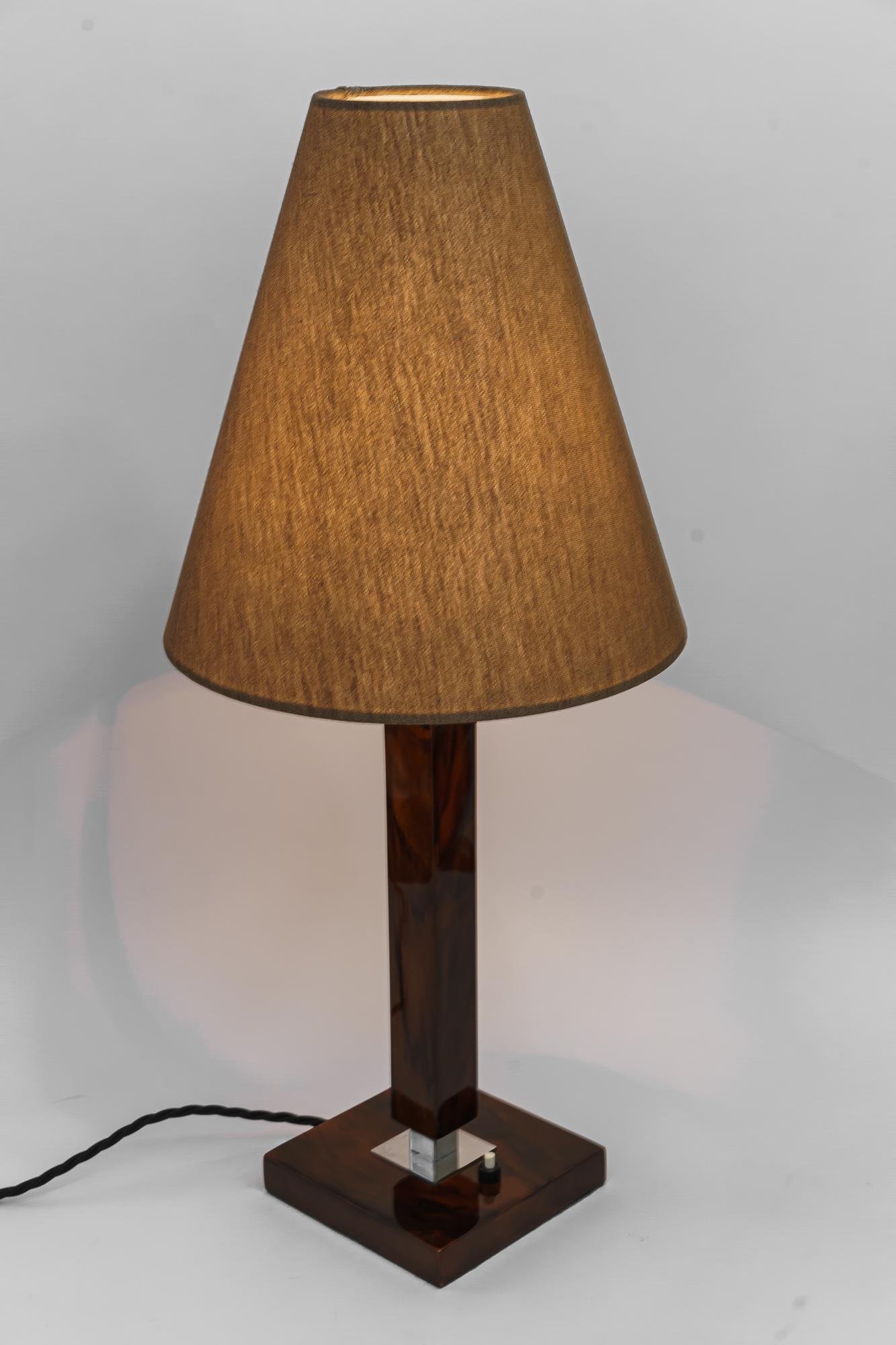 Early 20th Century Art Deco Table Lamp Vienna Around 1920 Nut Wood and Fabric Shade For Sale