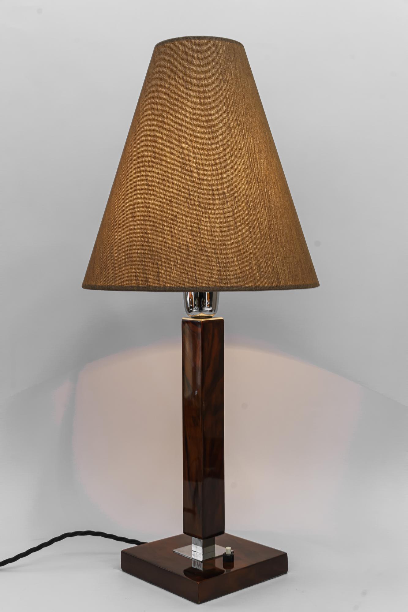 Nickel Art Deco Table Lamp Vienna Around 1920 Nut Wood and Fabric Shade For Sale