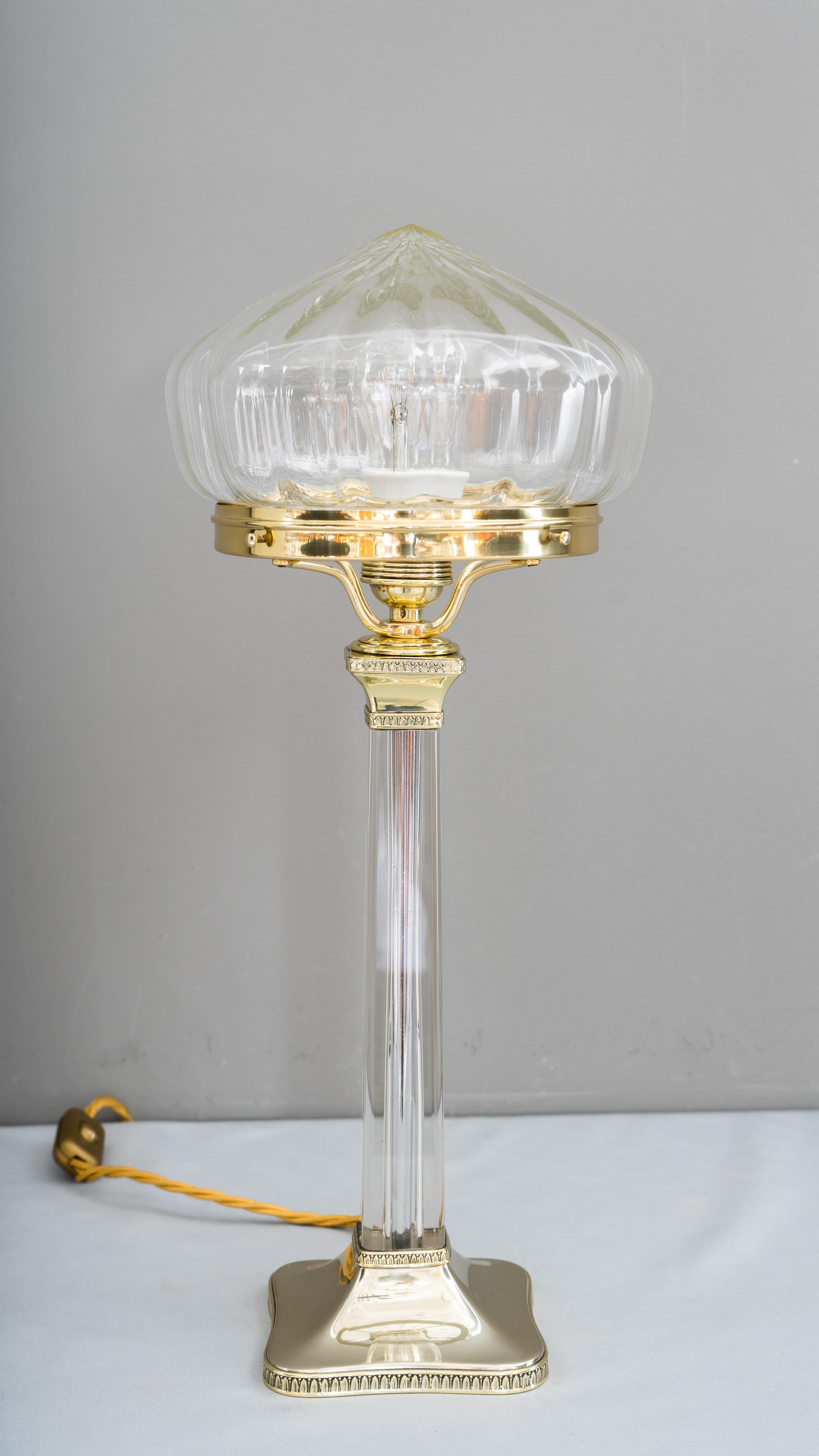 Art Deco table lamp, Vienna, circa 1920s
Brass, glass and alpaca
Polished and stove enameled.