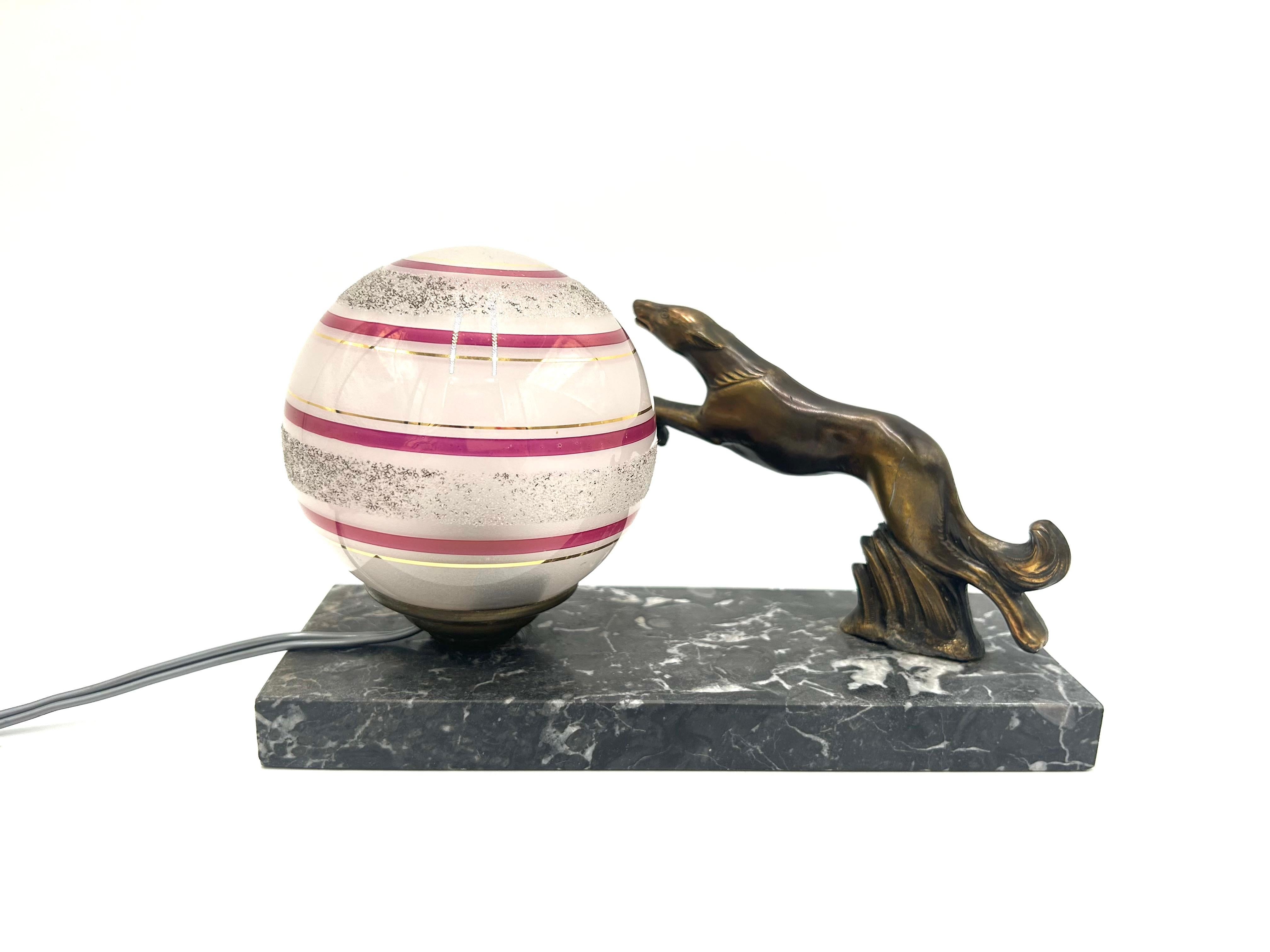 Marble Art Deco Table Lamp with a Dog Figure For Sale