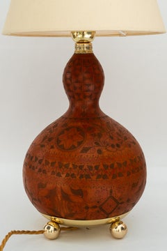 Art Deco Table lamp with a sort of pumpkin hand engraved with fabric shade 1920s