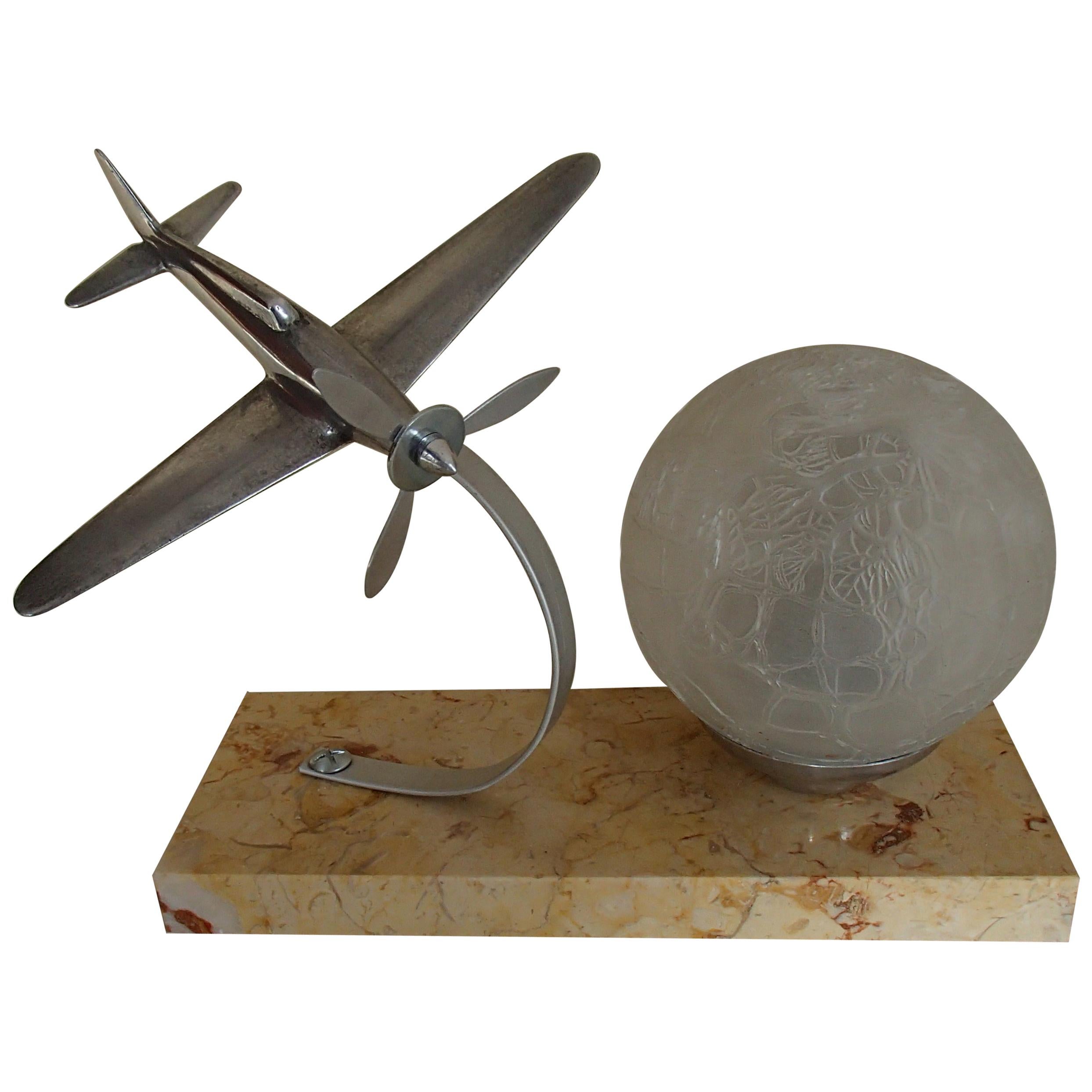 Art Deco Table Lamp with Aeroplain For Sale