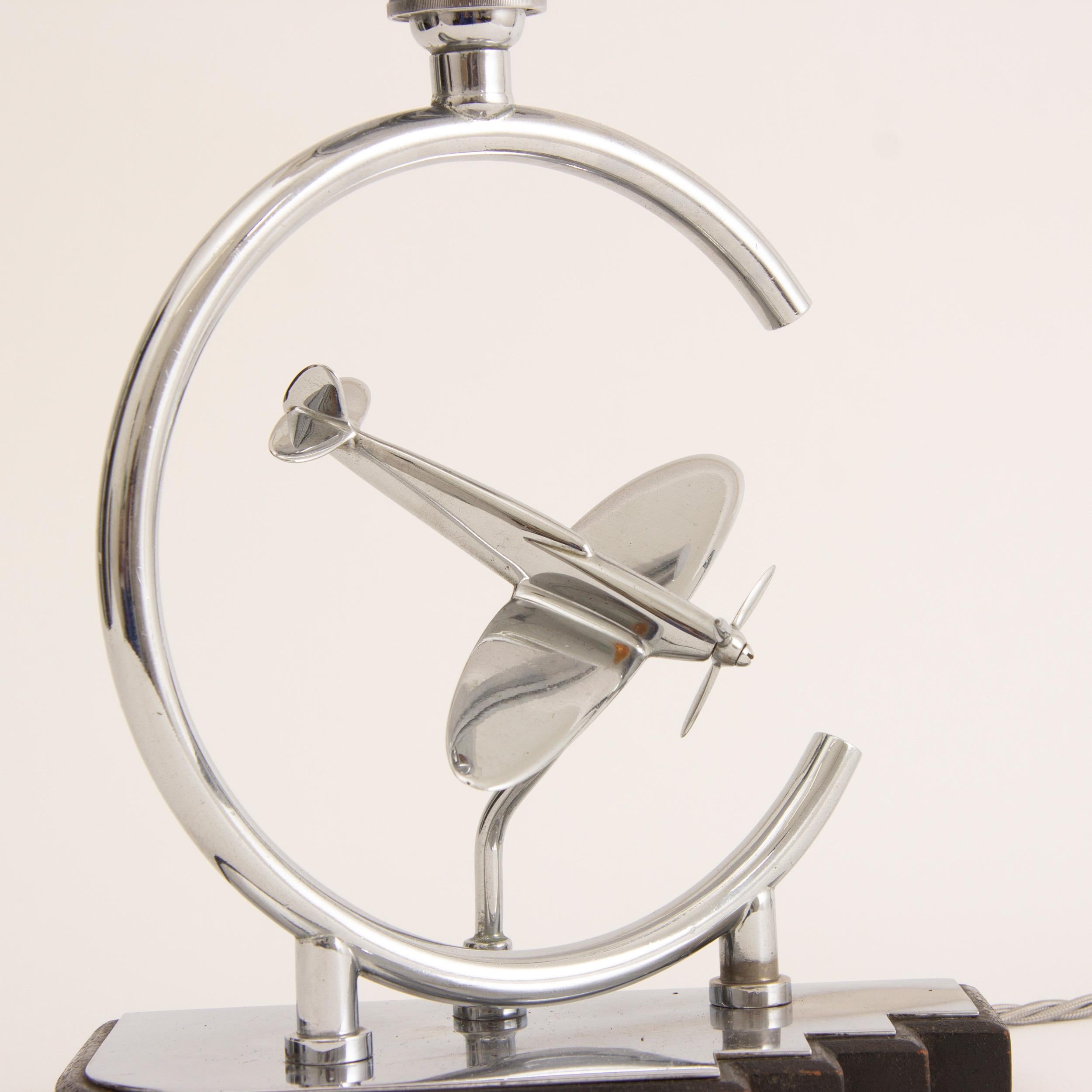 20th Century Art Deco Table Lamp with Aeroplane and Sunburst Geometric Glass Shade