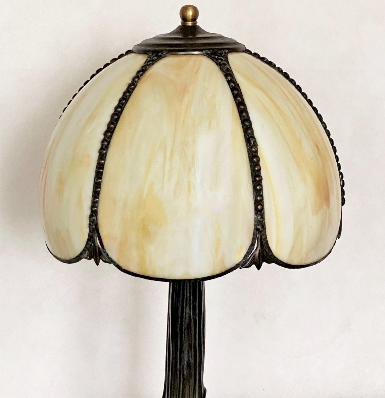 French Art Deco Table Lamp with Bent Slag Glass Shade, France, 1930-1939