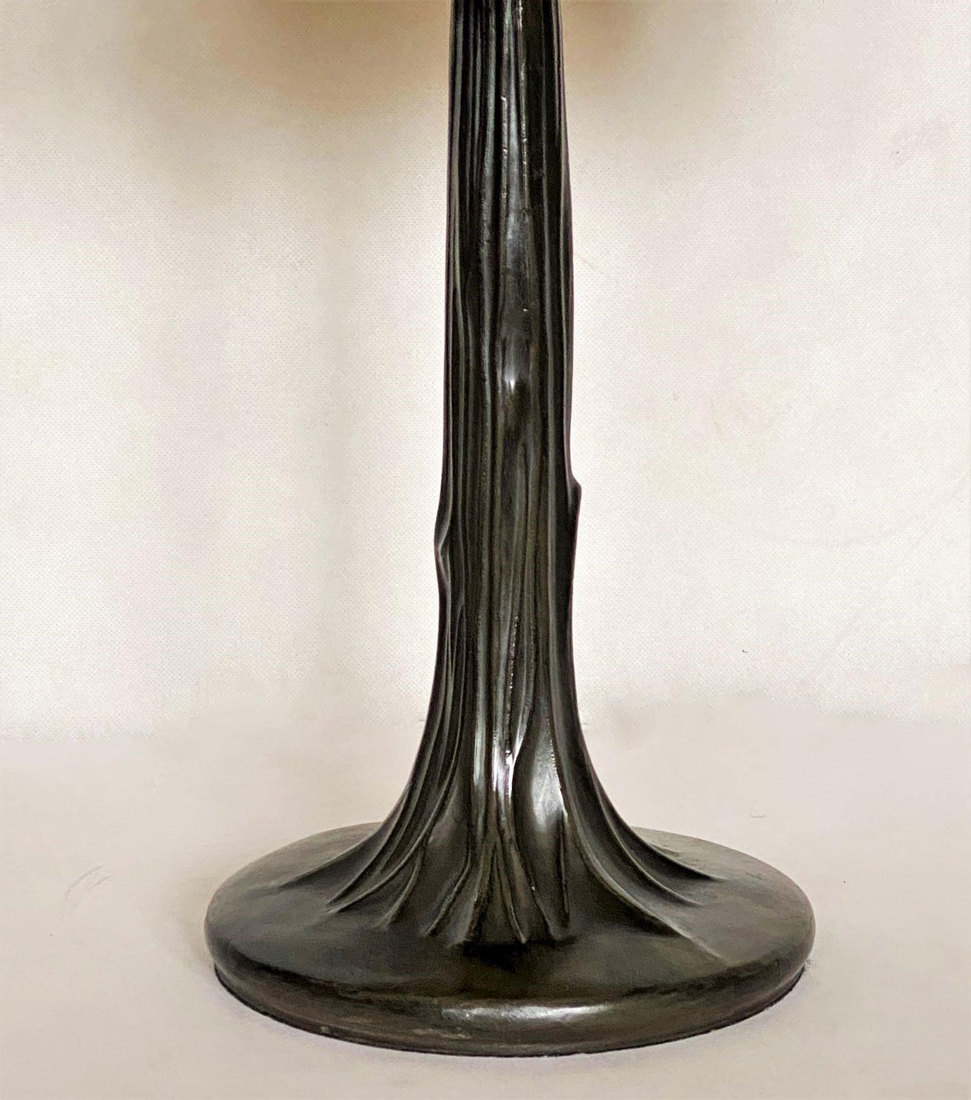 Patinated Art Deco Table Lamp with Bent Slag Glass Shade, France, 1930-1939