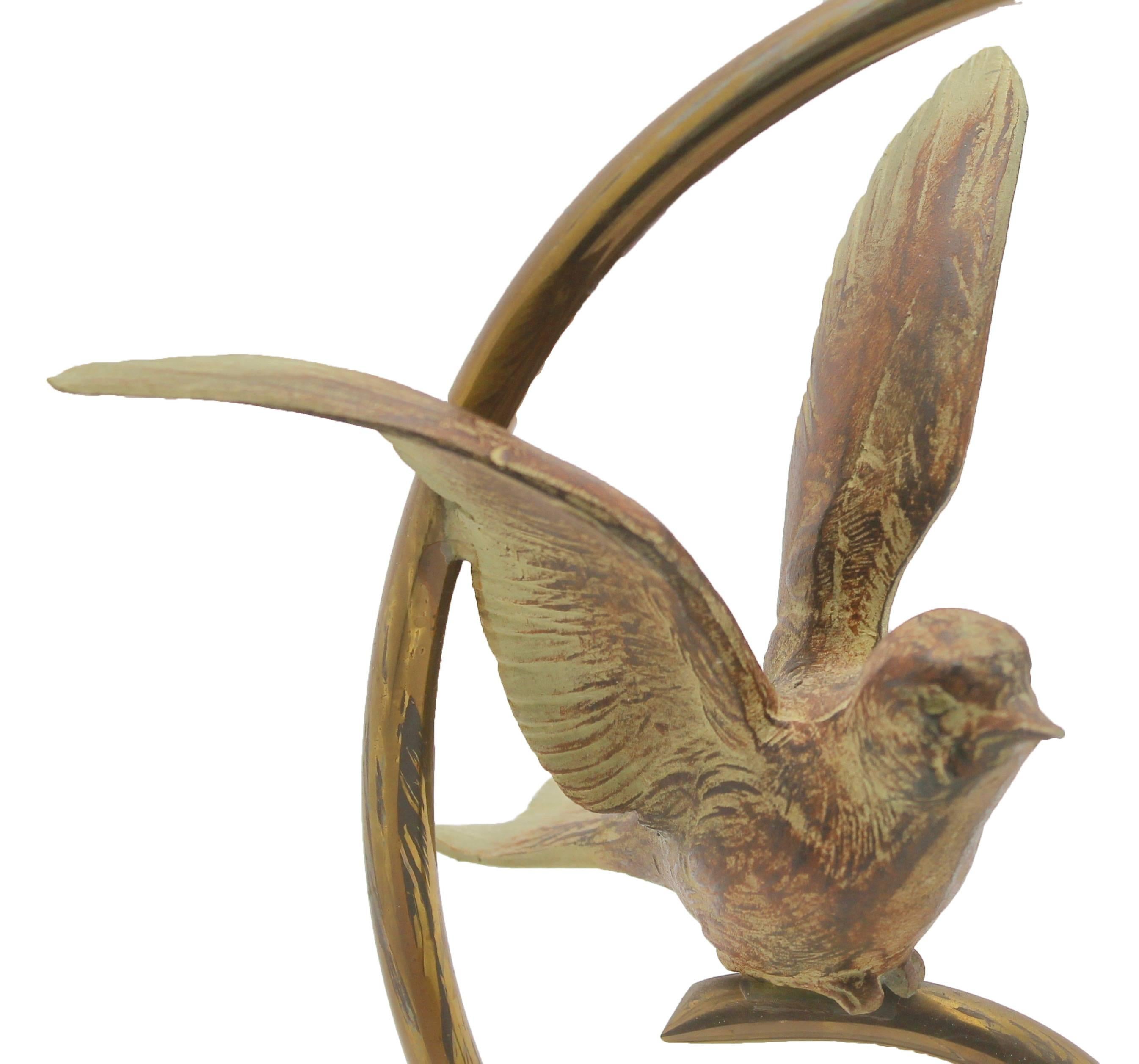 French Art Deco Table Lamp with Bird Made of Bronze on Base of Alabaster, Label Prolux