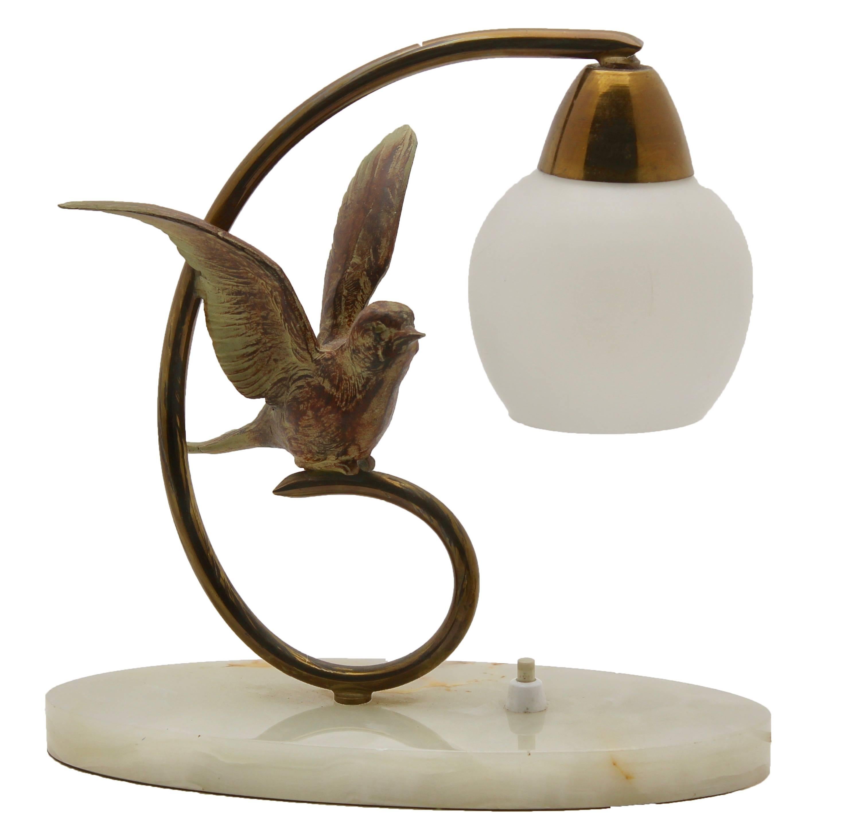Hand-Crafted Art Deco Table Lamp with Bird Made of Bronze on Base of Alabaster, Label Prolux