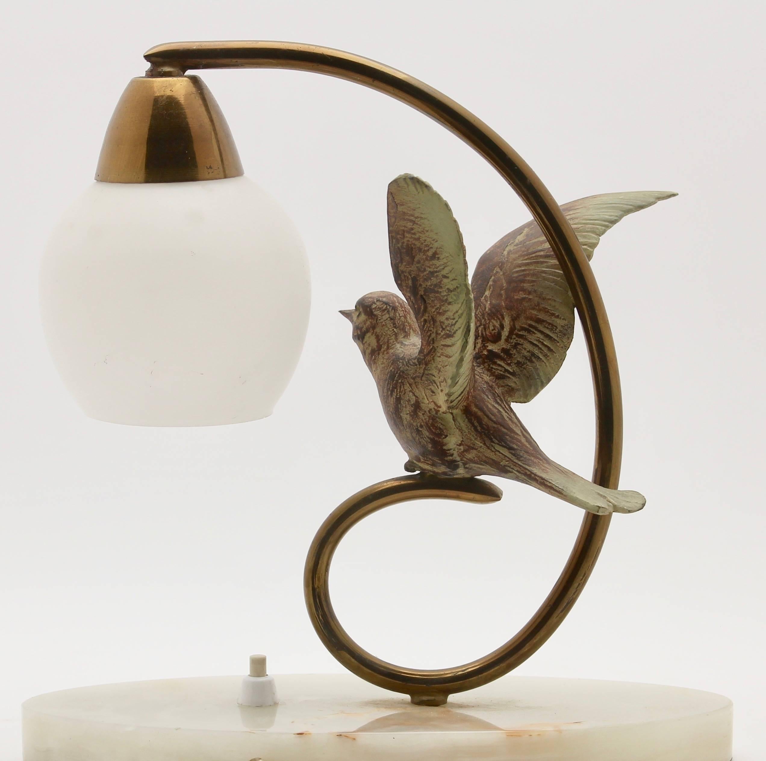 Brass Art Deco Table Lamp with Bird Made of Bronze on Base of Alabaster, Label Prolux