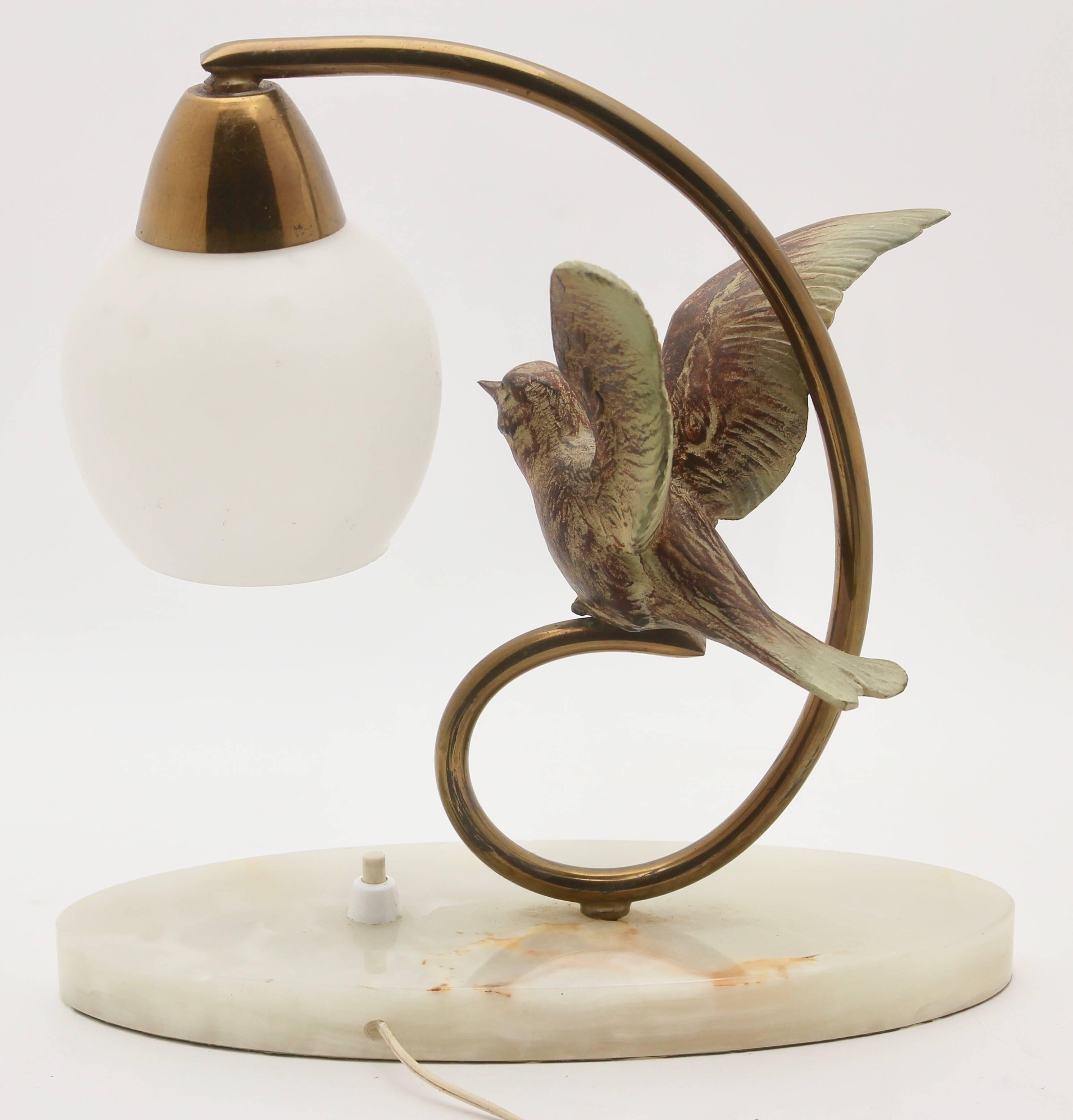 Art Deco Table Lamp with Bird Made of Bronze on Base of Alabaster, Label Prolux 2