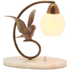 Art Deco Table Lamp with Bird Made of Bronze on Base of Alabaster, Label Prolux