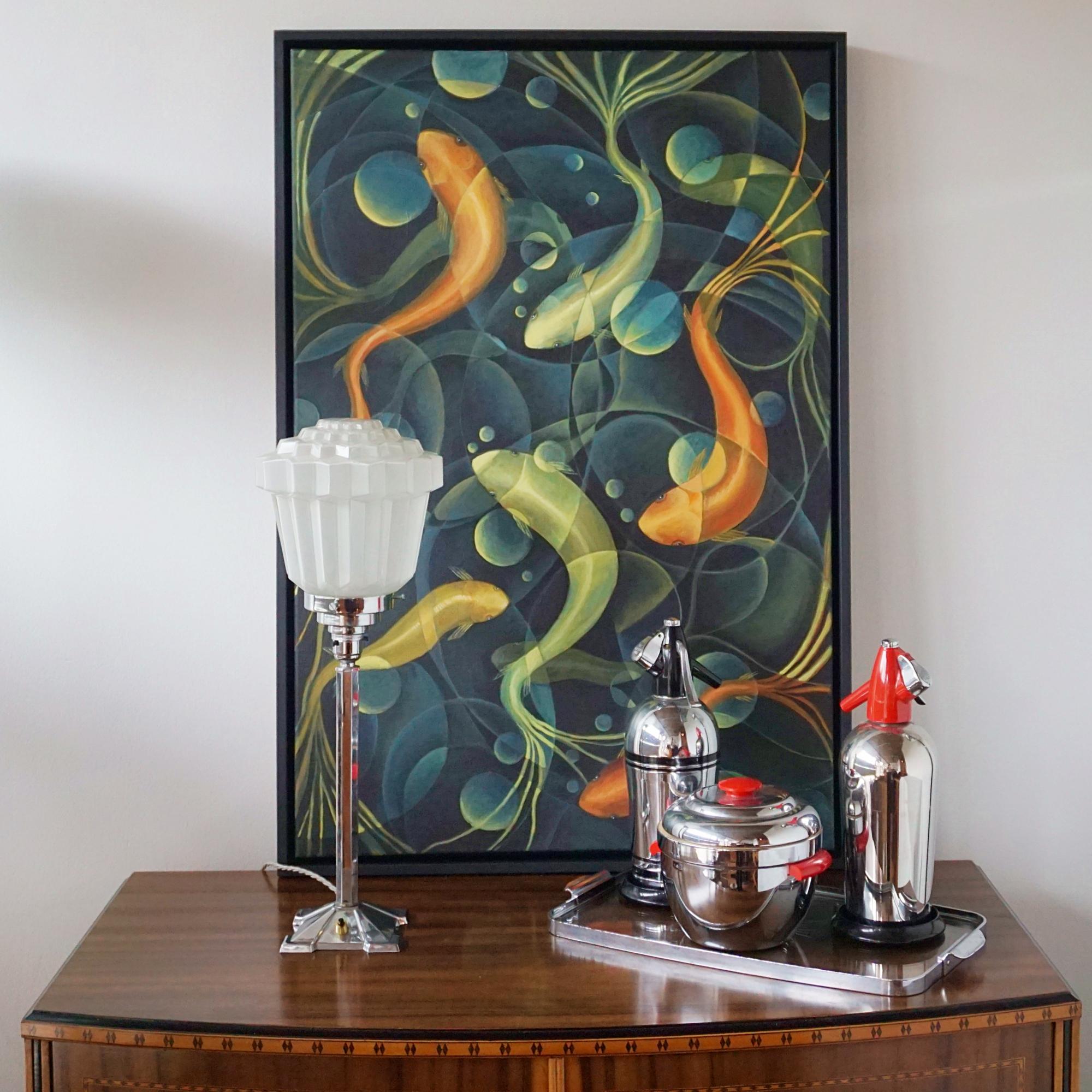20ième siècle Lampe de table Art déco avec abat-jour en métal chromé et verre en vente