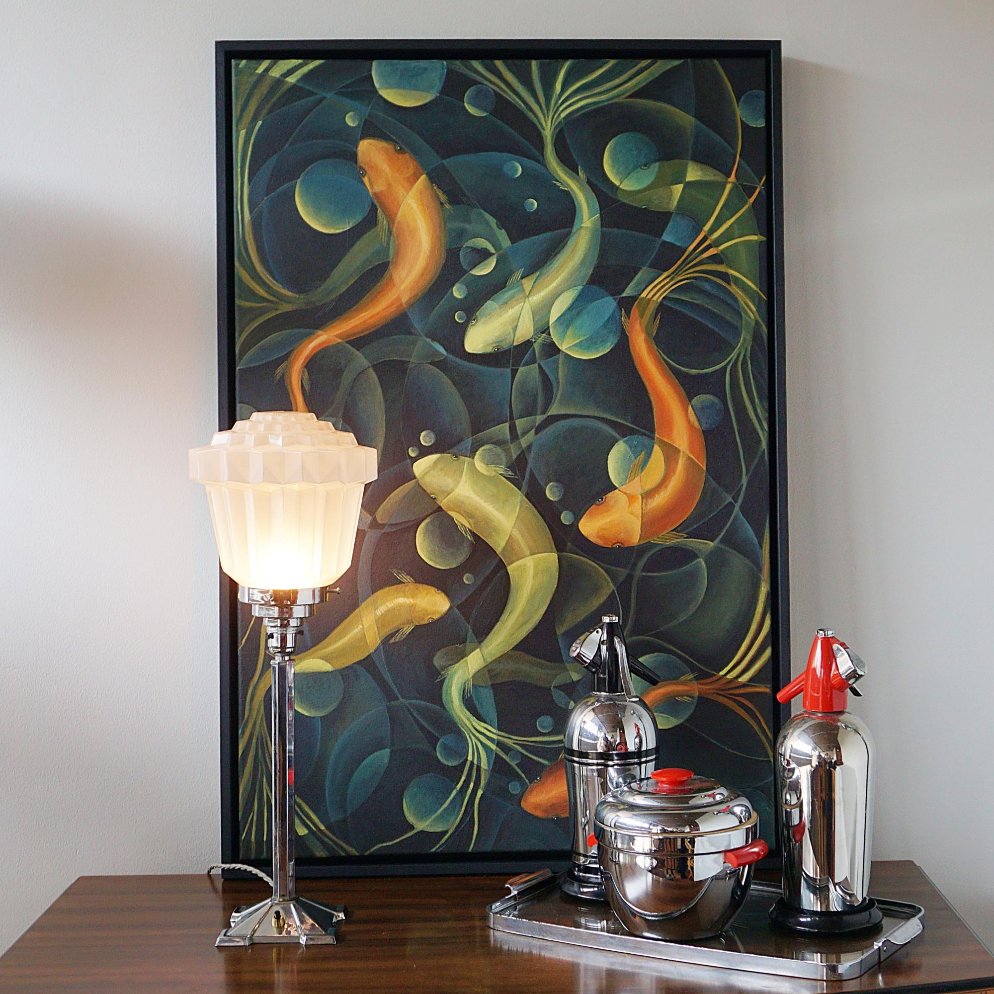 Verre Lampe de table Art déco avec abat-jour en métal chromé et verre en vente