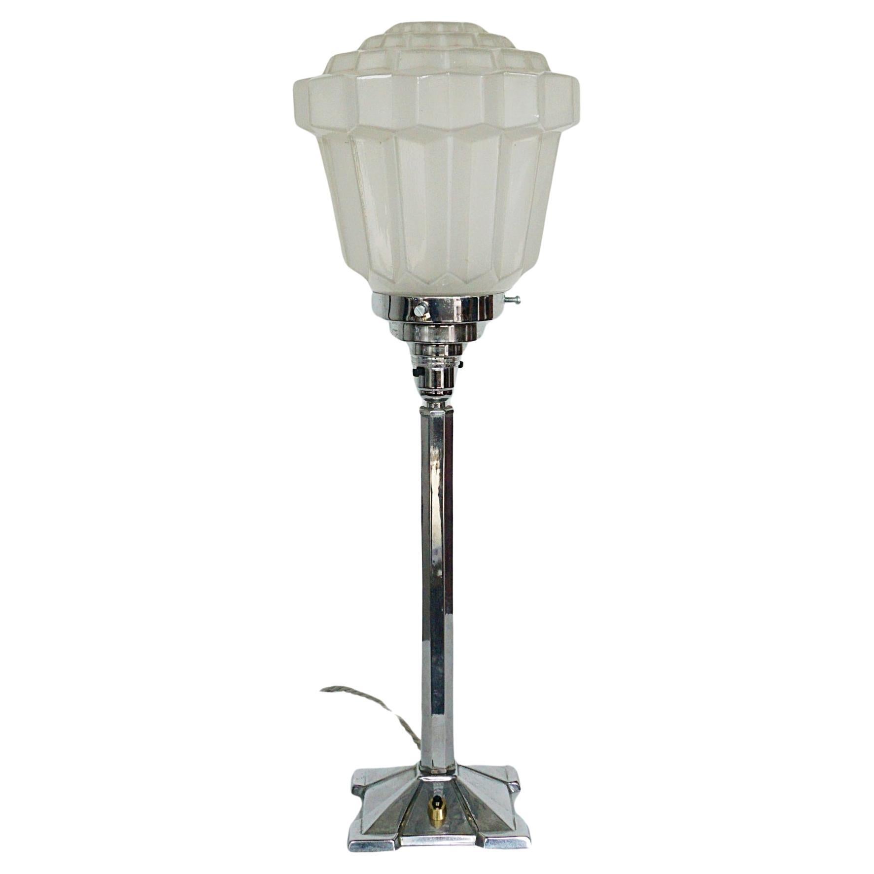 Art Deco Table Lamp with Chromed Metal and Glass Shade