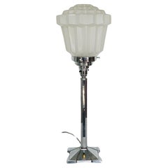 Art Deco Table Lamp with Chromed Metal and Glass Shade